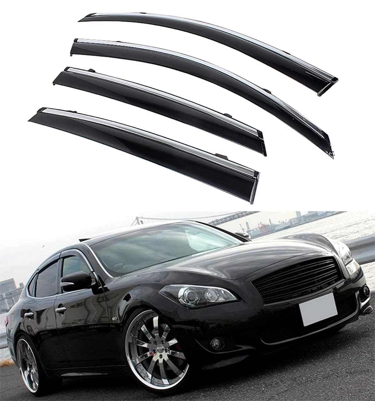VIP Clip-on Type Window Visor with Chrome Trim Fits for 2011-2017 Infiniti M35h M37 Q70 M56 Sedan