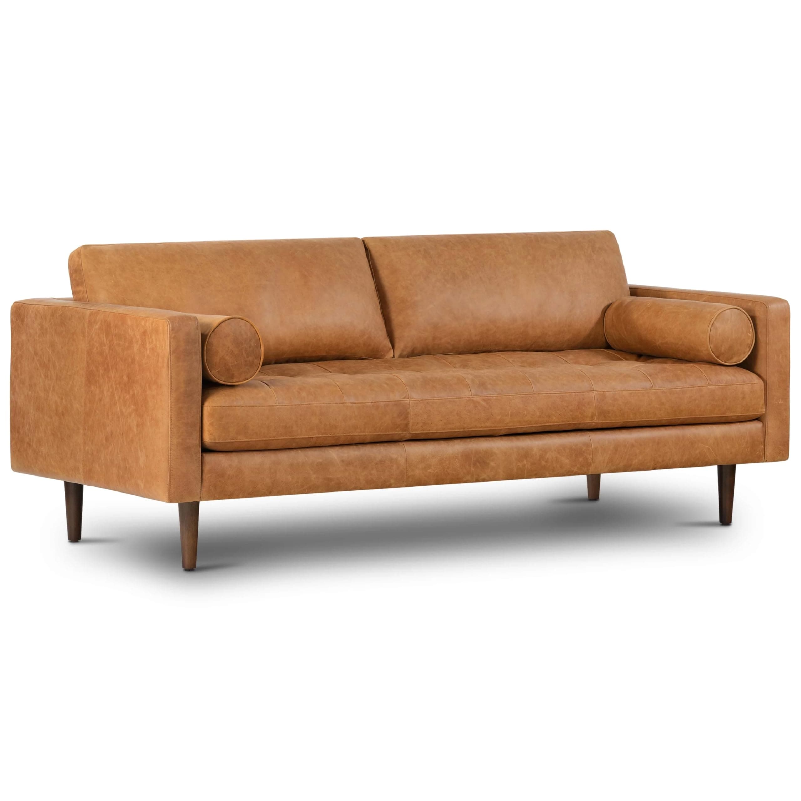 POLY & BARK Napa 88.5" Leather Sofa – Full-Grain Italian-Tanned Aniline Leather, Feather-Down Comfort, Solid Wood Frame, Walnut Legs, Cognac Tan