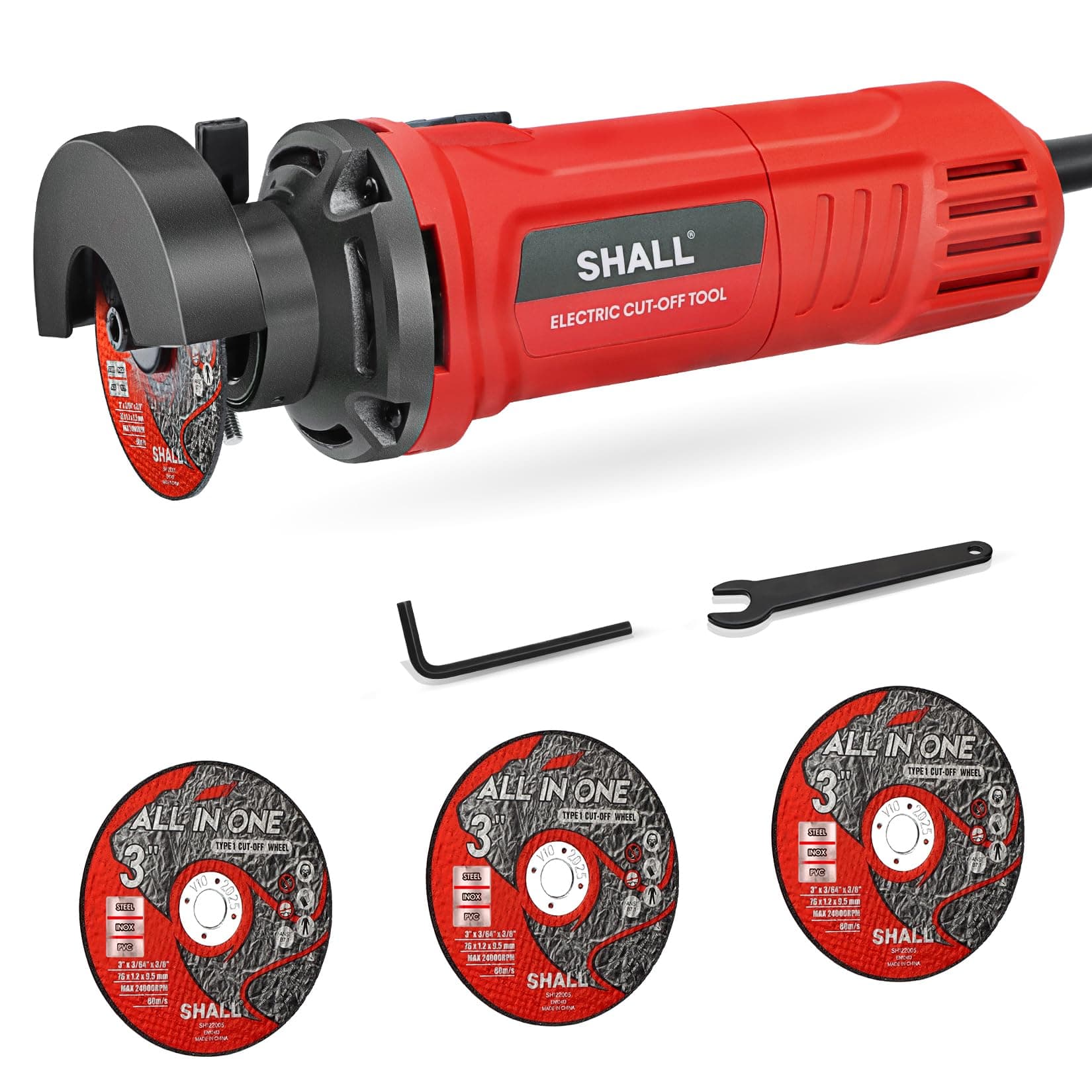 SHALL 3 Inch High-Speed Cut Off Tool, 3.5 Amp Metal Cutter Tool with 3Pcs Multifunctional Cutoff Wheels, 24000RPM Electricl Metal Cutting Tools for Steel, Inox, PVC, Aluminum