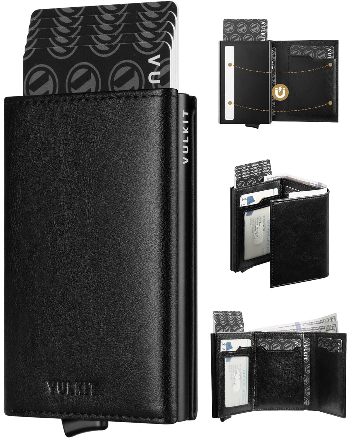 Credit Card Holder with Banknote Compartment RFID Blocking Pop up Leather Card Wallet with ID Window(Black)