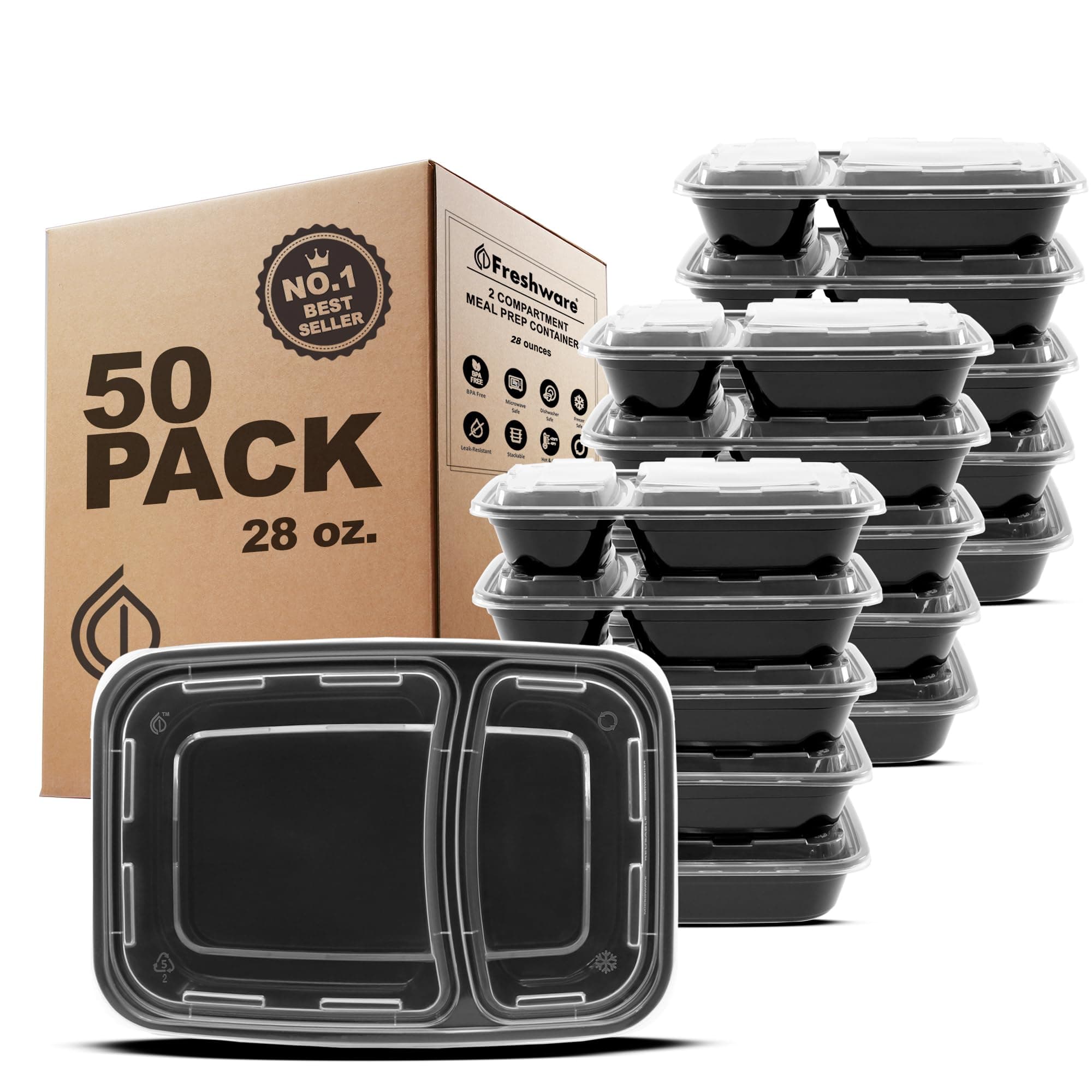 Meal Prep Containers [50 Count ] 2 Compartment with Lids, Food Storage Containers, Bento Box, BPA Free, Stackable, Microwave/Dishwasher/Freezer Safe (28 oz)