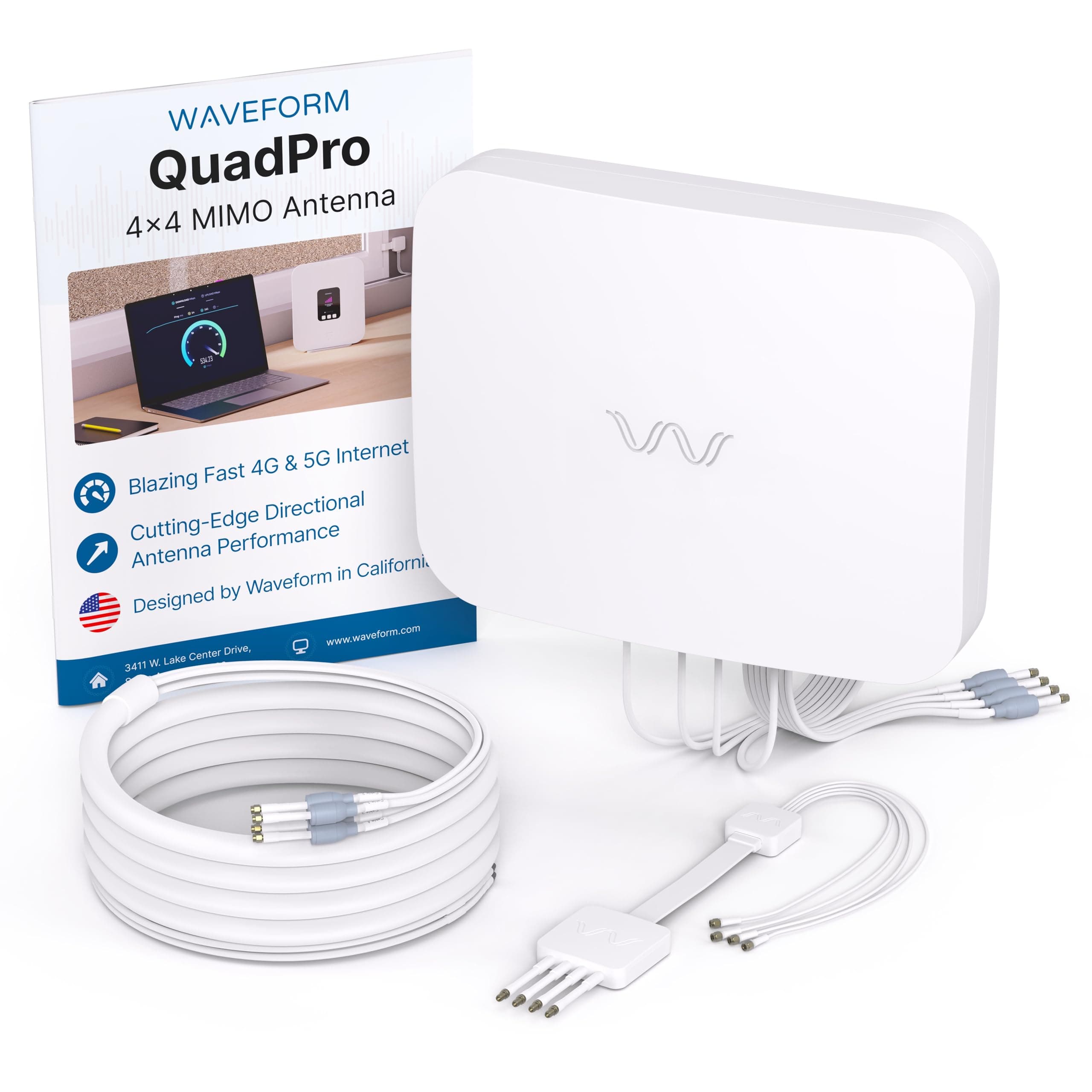 QuadPro 4x4 MIMO Panel Antenna | External Antenna for 4G/5G Routers & Gateways | For EE, Three, O2, and Vodafone | Complete Kit w/ 20' Cable & Window Entry