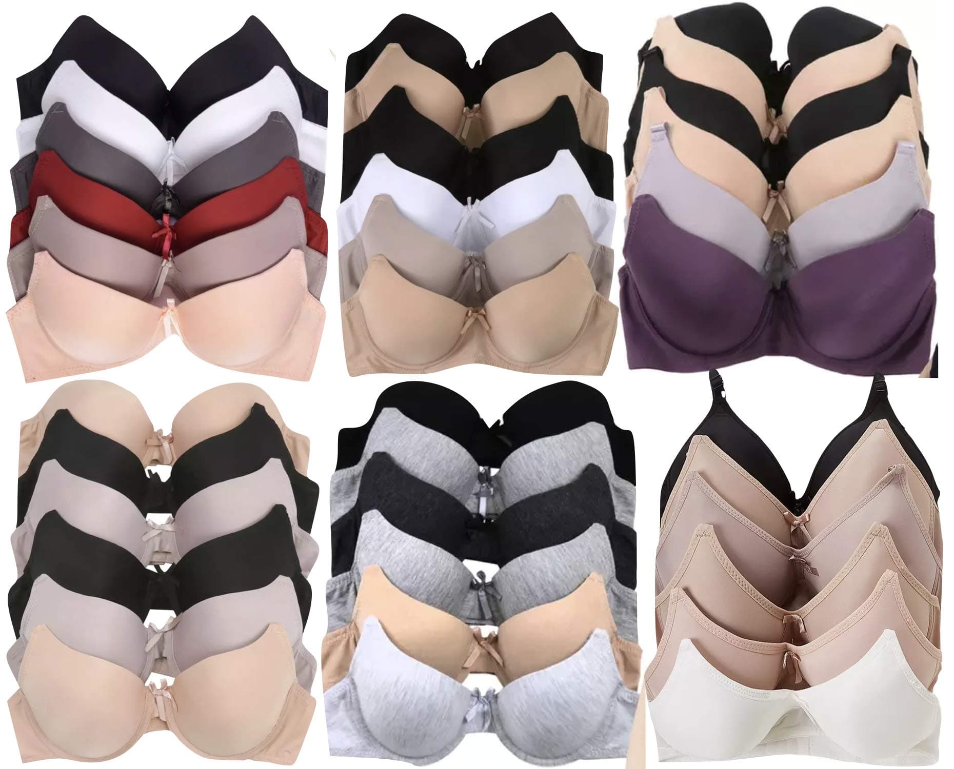 Women’s 6 Pack Random Selection Padded Support Bras - Sizes 30A to 46DDD