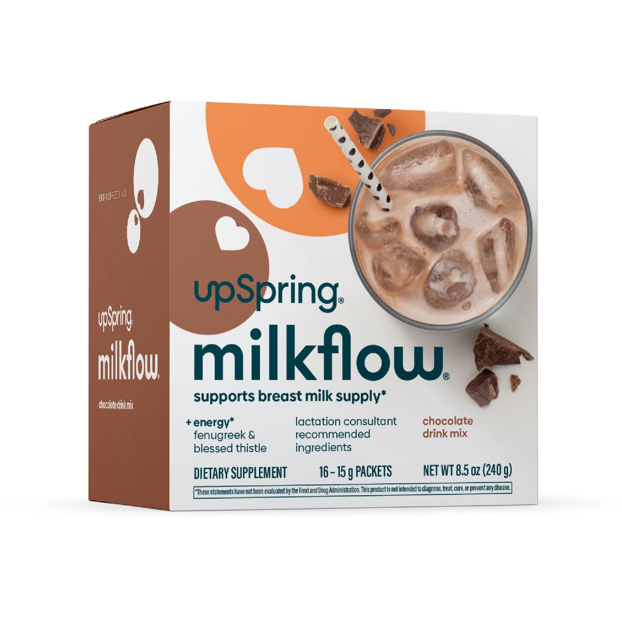 UpSpring Milkflow Energy Breastfeeding Supplement Drink Mix with Fenugreek, Chocolate Flavor, Lactation Supplement to Support Breast Milk Supply and B Vitamins, 16 Drink Mixes
