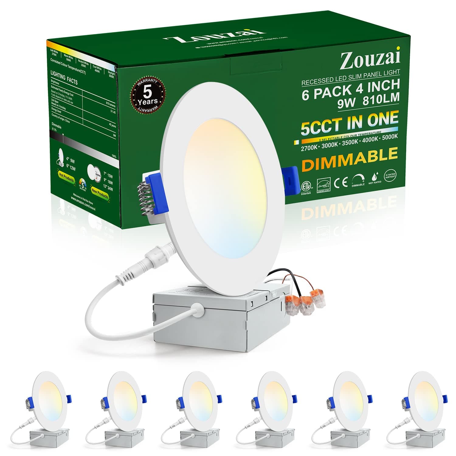 zouzai 4 Inch 5CCT Ultra-Thin LED Recessed Ceiling Light with Junction Box, 2700K/3000K/3500K/4000K/5000K Selectable, 9W Eqv 80W, Dimmable, led can Lights - ETL and Energy Star Certified【 6 Pack 】