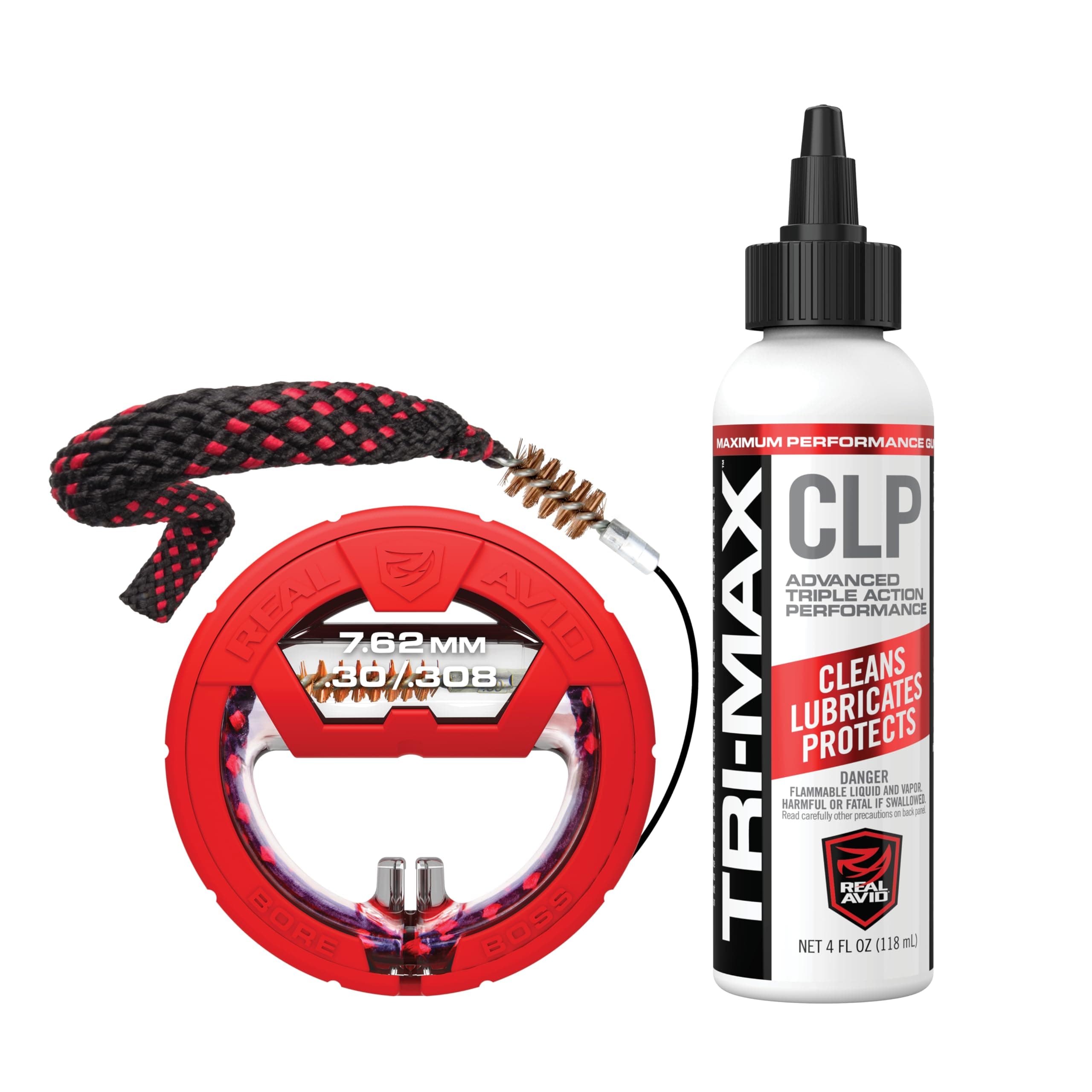 Bore Boss Combo Kits with 4oz CLP - One-Pass Cable Bore Cleaner with Integrated Brush & Mop + CLP - Rifle Shotgun & Handgun Calibers (.30, 9mm/.357/.38, .44/.45, .243, .22, 12 & 20 GA)