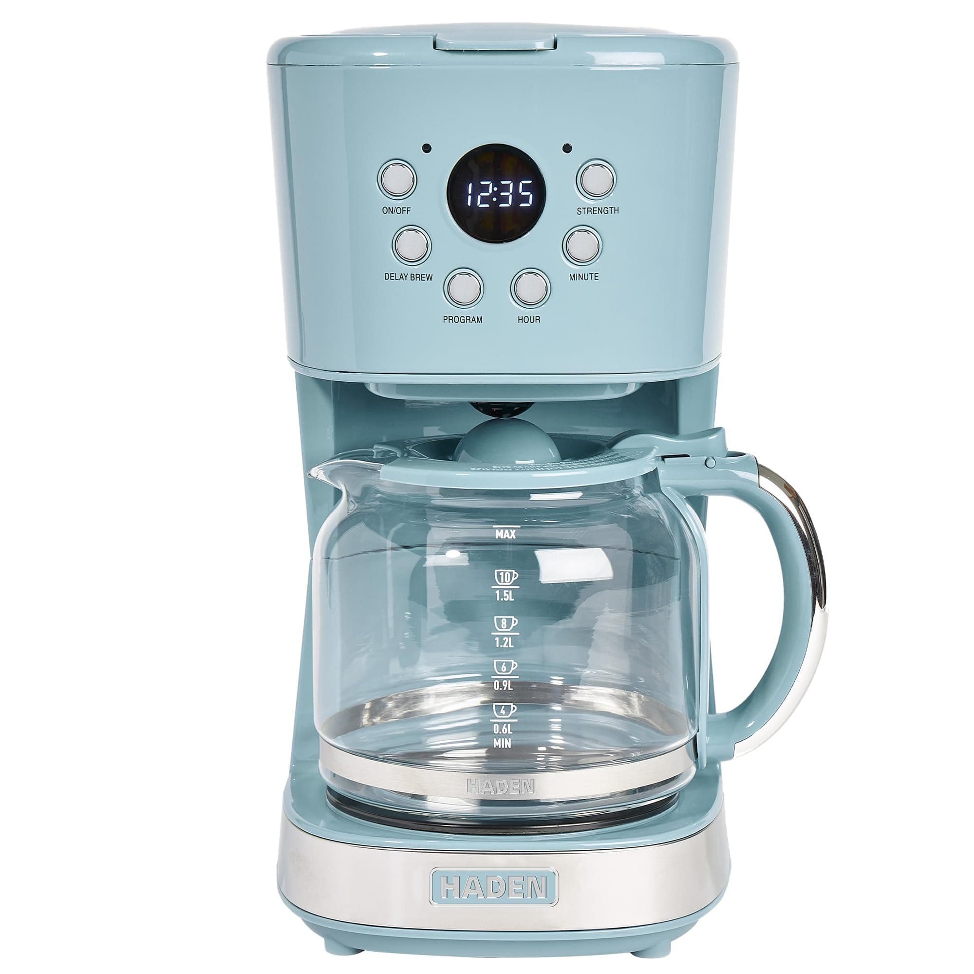 Haden Brighton Coffee Machine, 12 Cup Programmable Drip Coffee Maker with Auto Shut-Off Function and Reusable Washable Water Filter, Sky Blue & Chrome