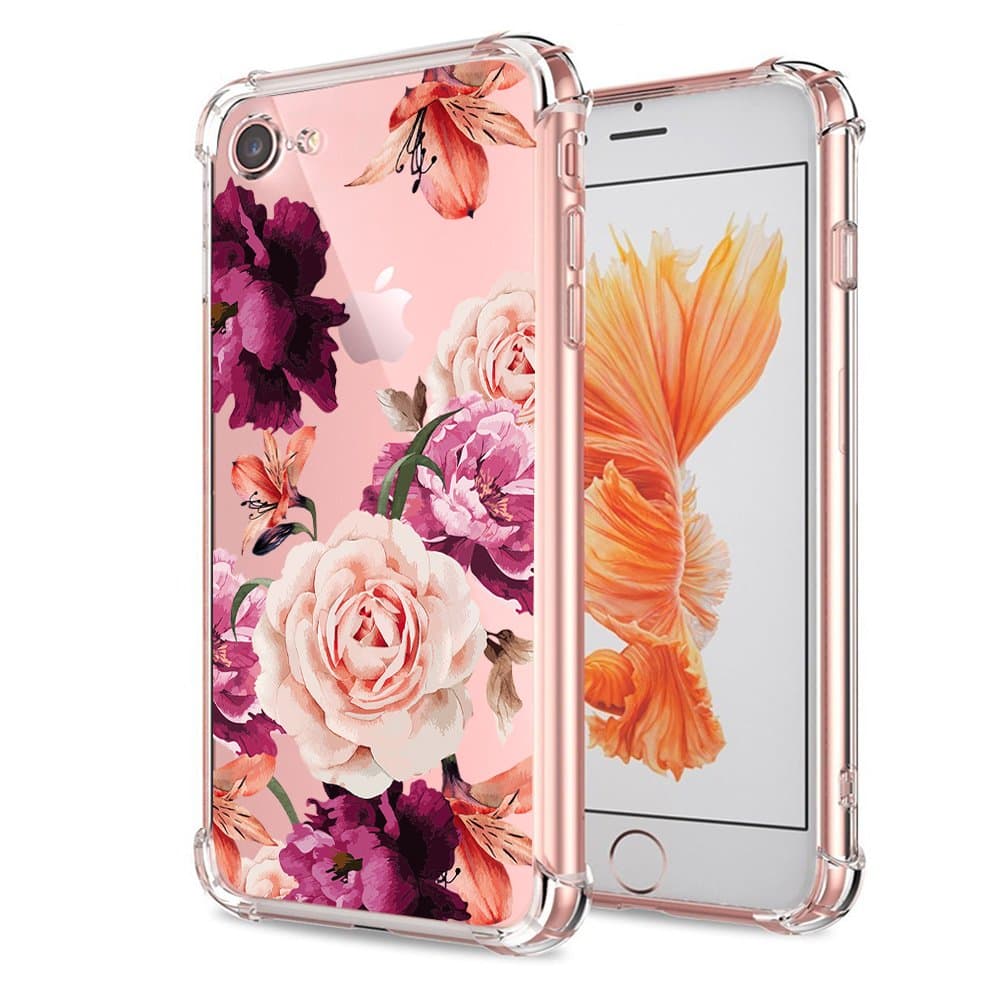 iPhone 7 8 SE 2022 2020 Case Clear with Cute Flowers Design Shockproof Bumper Protective Cell Phone Back Cover for Girls Women Flexible Slim Fit Pink Rose Floral for Apple iPhone 7 8 iPhone SE 2022