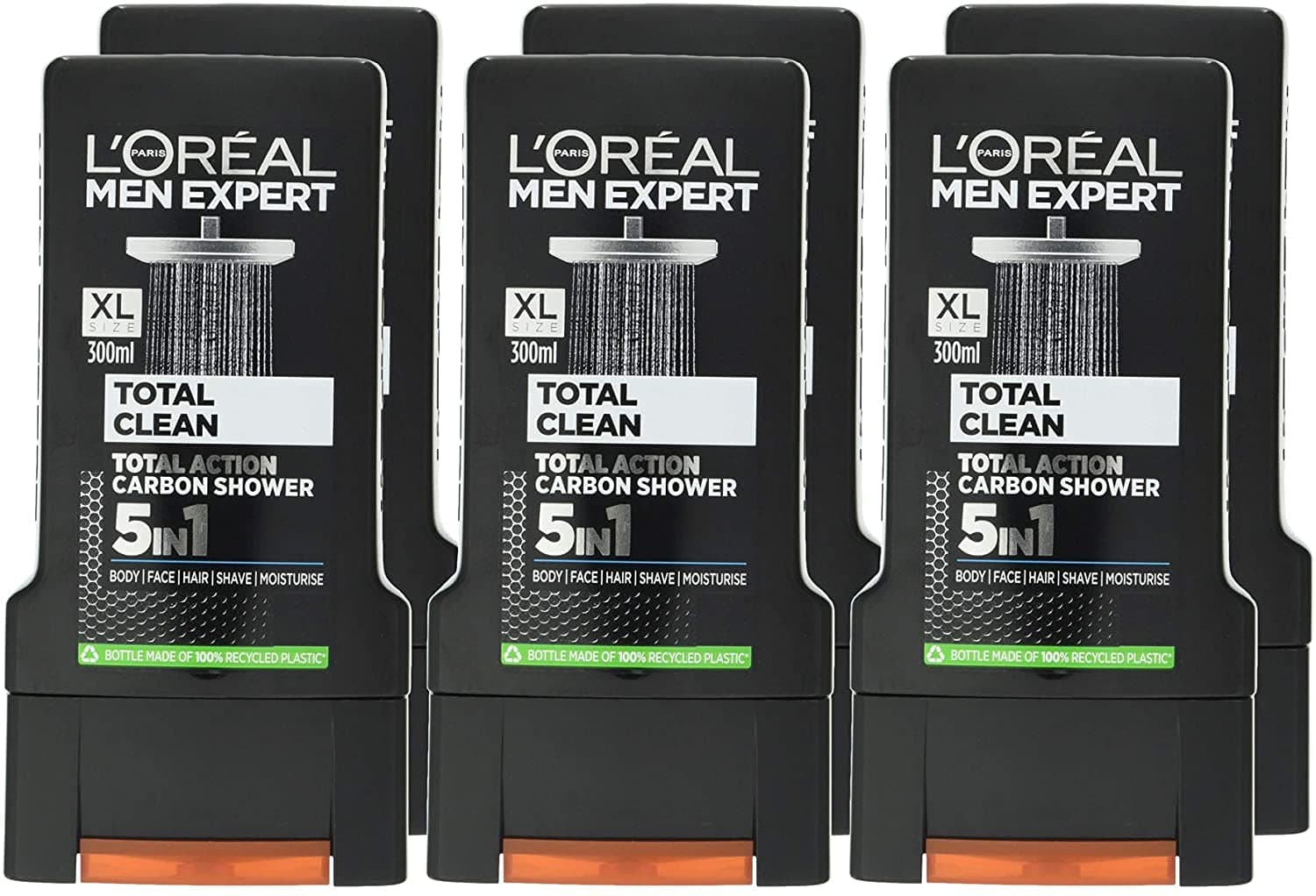 L'Oréal Paris Men Expert Total Clean 5-in-1 Carbon Shower Gel, 6 x 300 ml