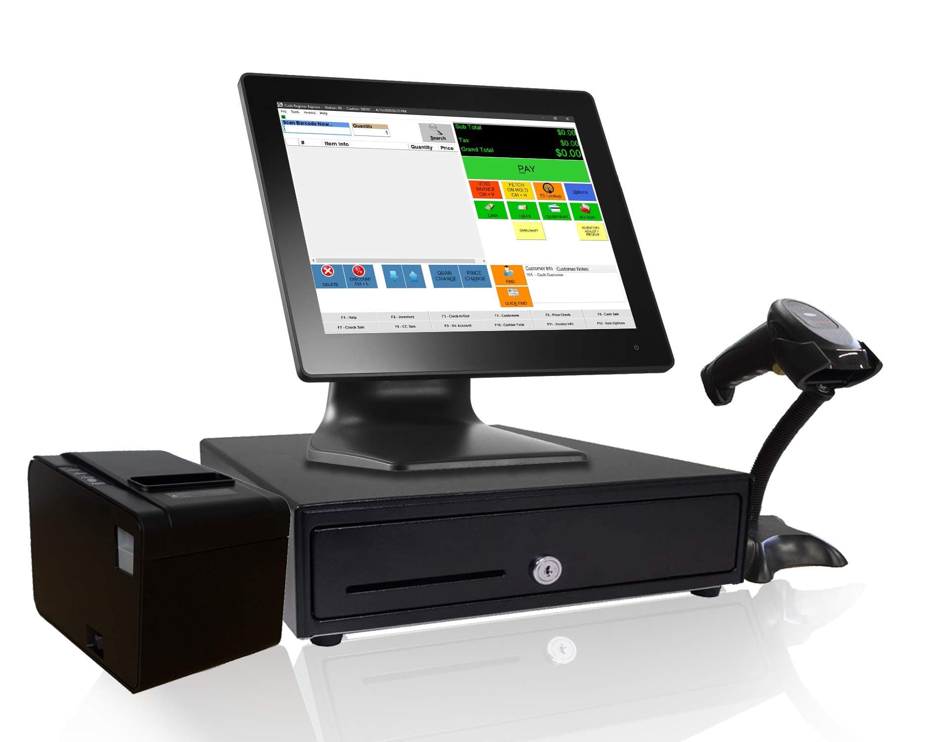 Retail Point of Sale System - Includes Touchscreen PC, POS Software (CRE Monthly), Receipt Printer, Barcode Scanner, Cash Drawer, and LCD Customer Display