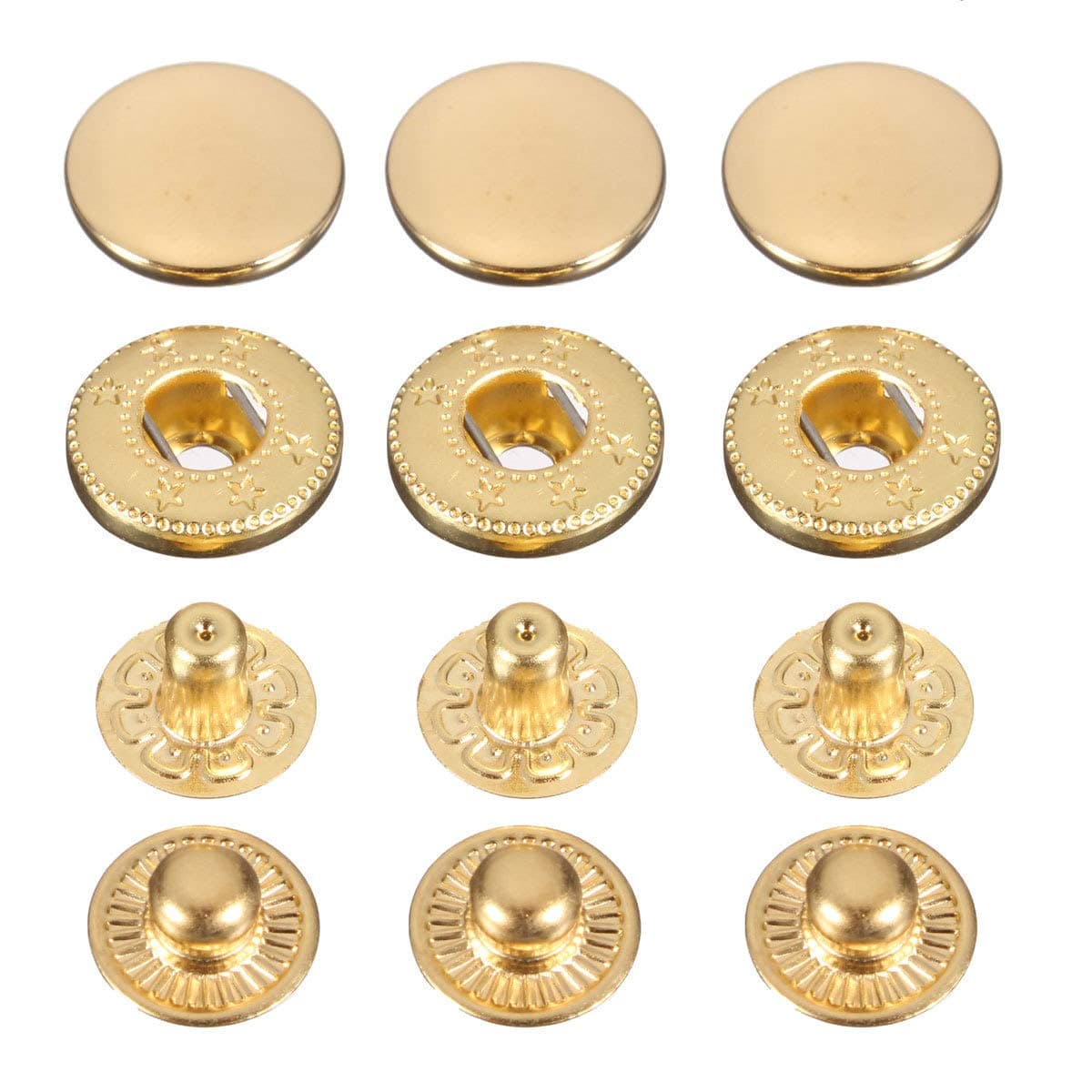 WedDecor Gold 15mm S Spring Press Studs 4 Part, Durable and Lightweight, Metal Snap Fasteners for Jackets, Jeans, Leather Craft, Straps and Clothing Repair, 10pcs