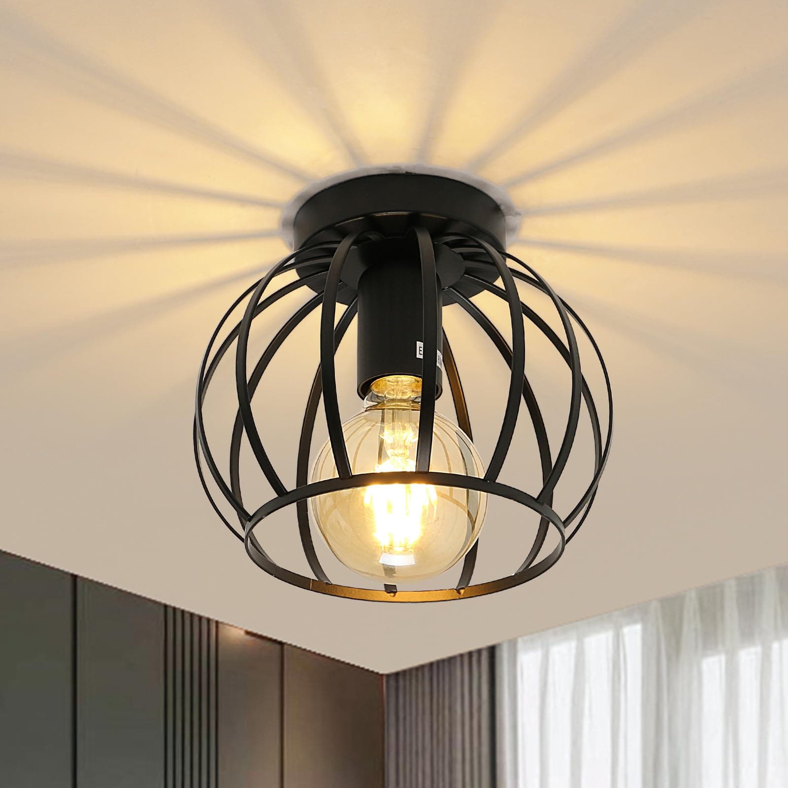 Vintage Ceiling Light Semi Flush Mount Black Ceiling Light Fixture Metal Cage Pendant Ceiling Lampshade with E27 Holder for Living Room Kitchen Bedroom Hallway