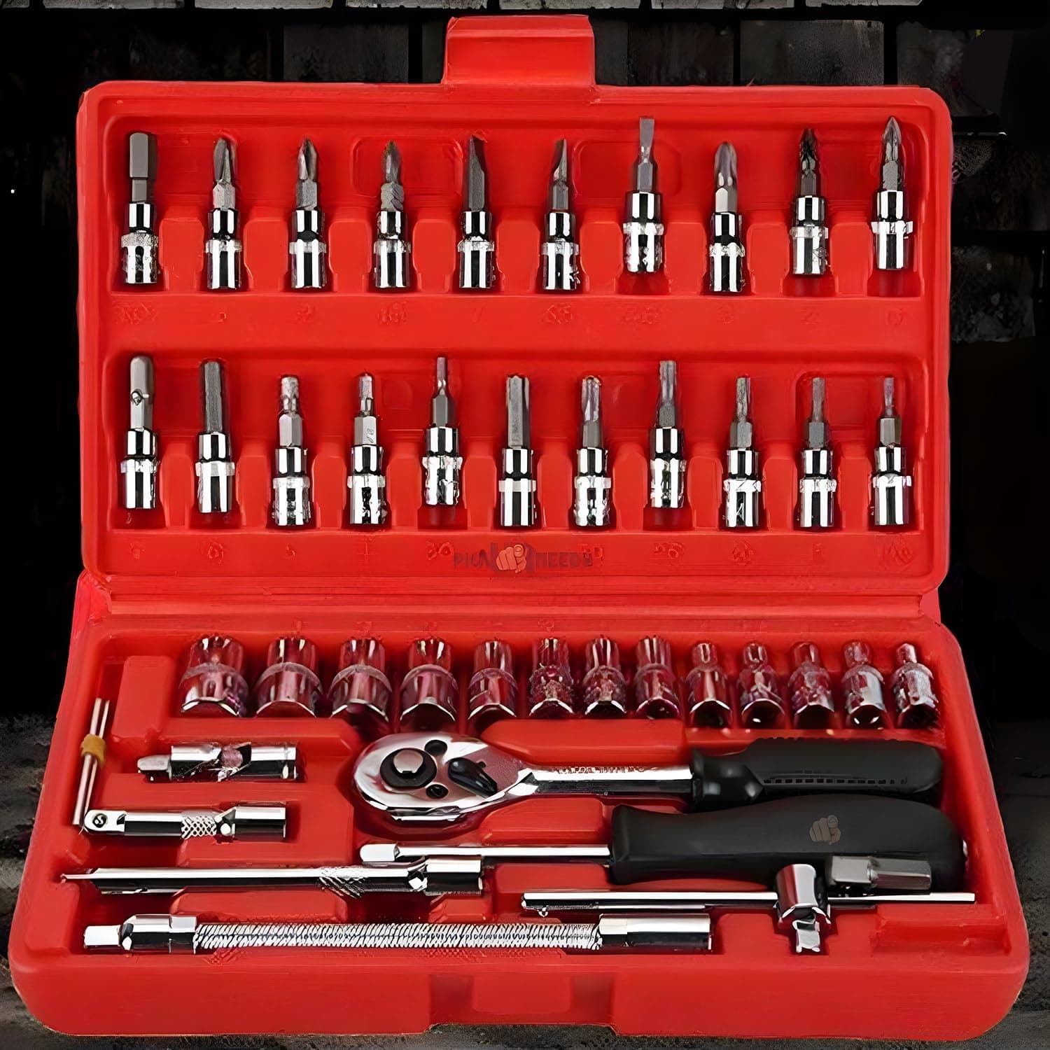 46 Pieces 1/4 Inch Screw Driver Socket Wrench Set With Socket Set and Hand Tools set for Auto Repairing and Household (RED)