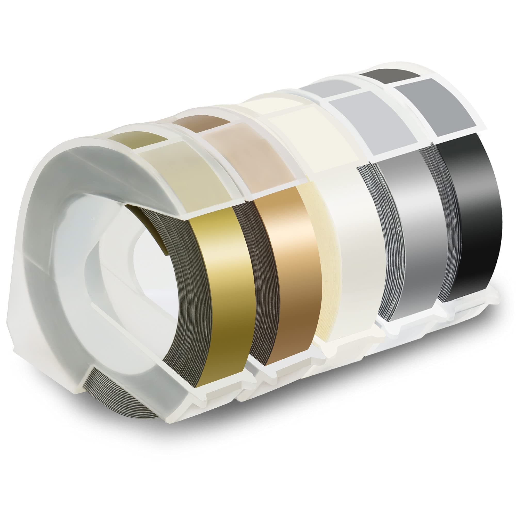 Pristar Compatible Embossing Tape Self-Adhesive Replacement for Dymo Embossing Label Maker Organizer Xpress, White on Black/Silver/Clear/Gold/Champagne Gold, 3/8 in x 9.8 ft, 5-Pack