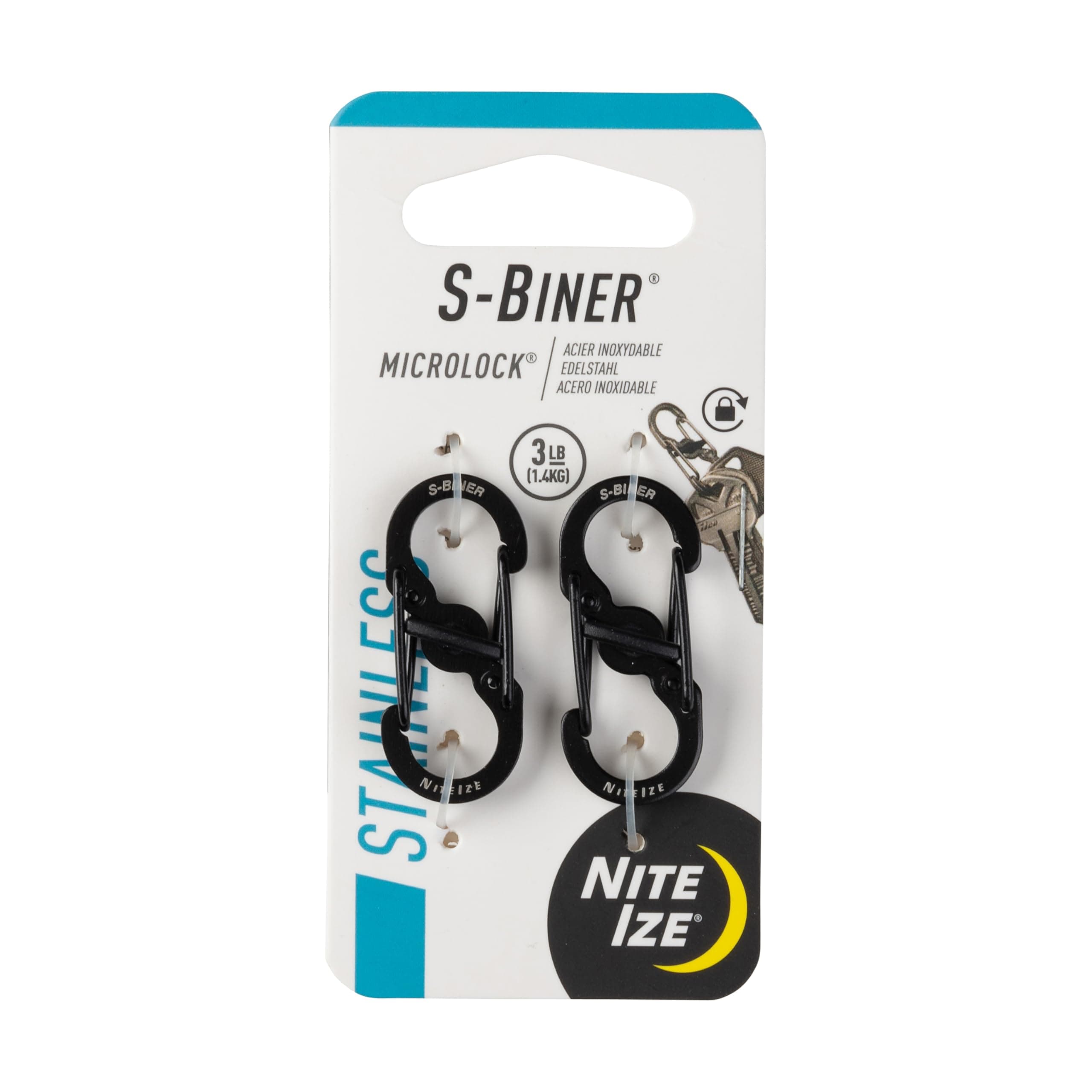 S-Biner Micro Lock, Polycarbonate S-Biner with Locking Lever, Black, 2-Pack