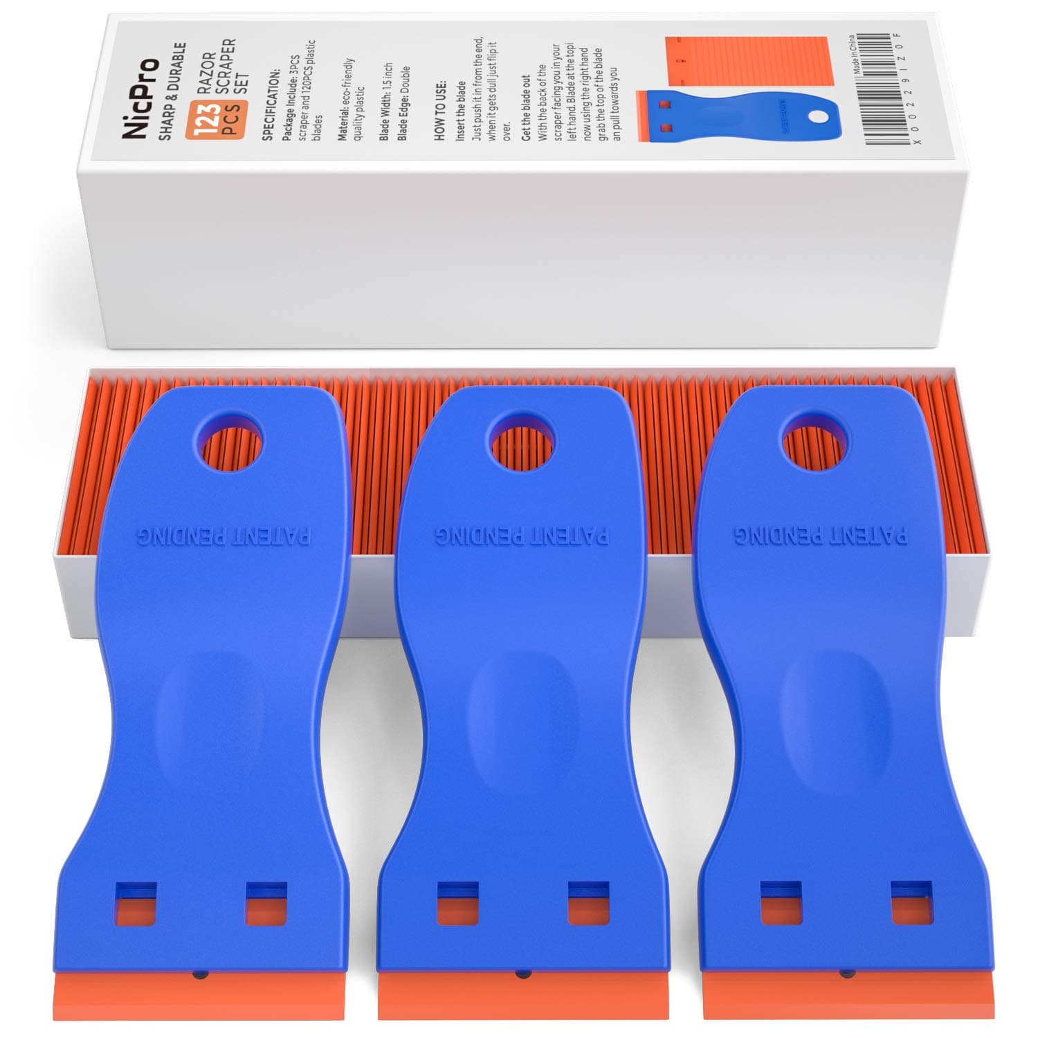 Nicpro 3 PCS Plastic Razor Blade Scraper Tool with 120 PCS Double Edged Razor Blades Adhesive Remover for Glass, Labels Decal, Stickers, Window Cleaning