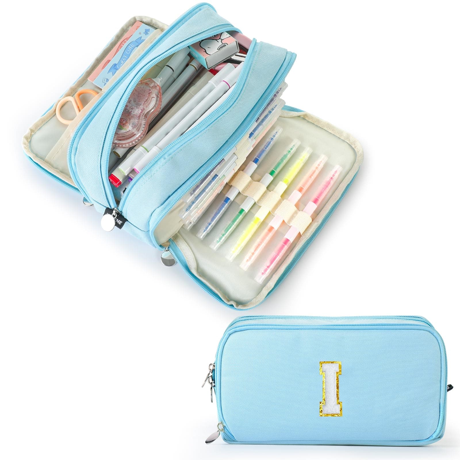 Extra Large Capacity Pencil Case 3 Compartment Initial Pencil Pouch Personalized Cute Aesthetic Stationery Pen Case Bag for School Teen Girl Boy Men Women Gift (I, Blue)
