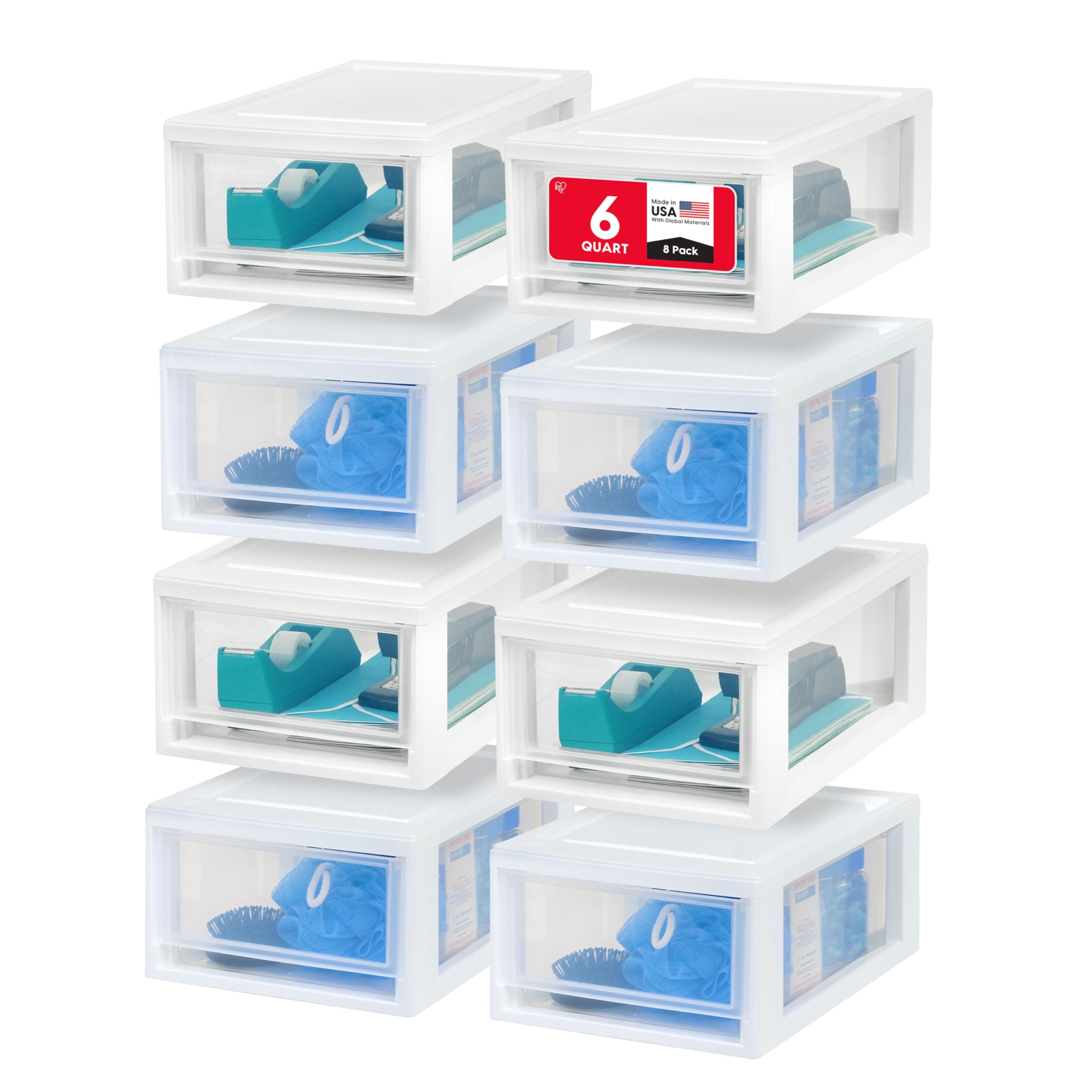 IRIS USA 6 Qt. Small Plastic Stacking Drawer, Stackable Storage Organizer Unit with Sliding Drawer for Bedroom Kitchen Under Sink Pantry Craft Room Dorm Office, White, 8-Pack