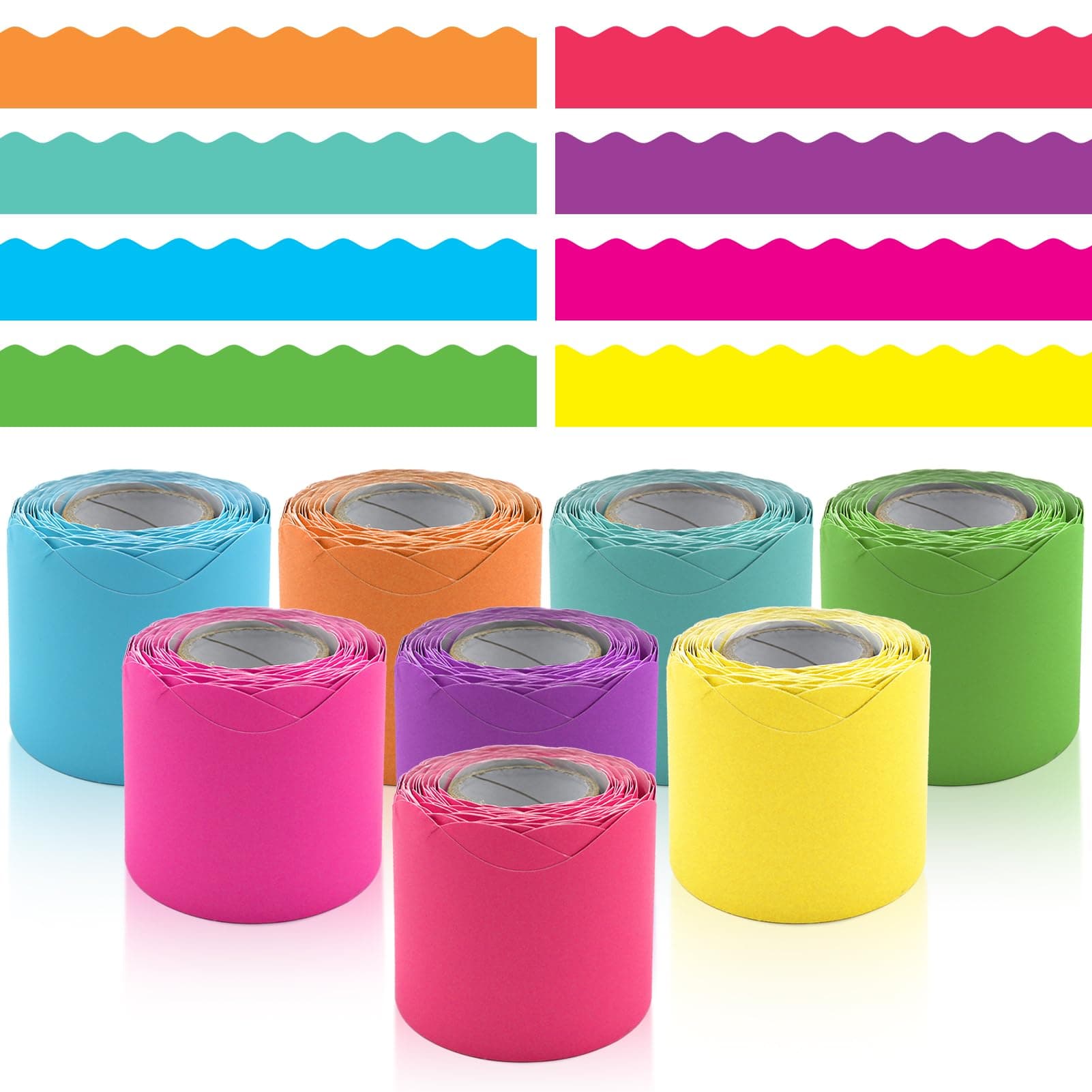 8 Rolls 262.4 Ft Bright Bulletin Board Borders Set - Decorations for Office, School Classroom Decor, Teachers & Home DIY - Posters & Birthday Parties - Board Trim