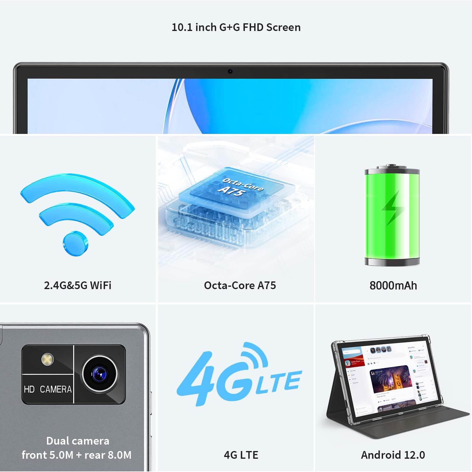 Android 12 Tablet, 10 Inch FHD IPS Touch Screen, 8GB RAM, 128GB ROM, 1TB Expandable, 5G WiFi, 4G/LTE, 8000 mAh Battery, Dual Camera, Bluetooth 5.0, GPS, GMS Certified(Metallic)