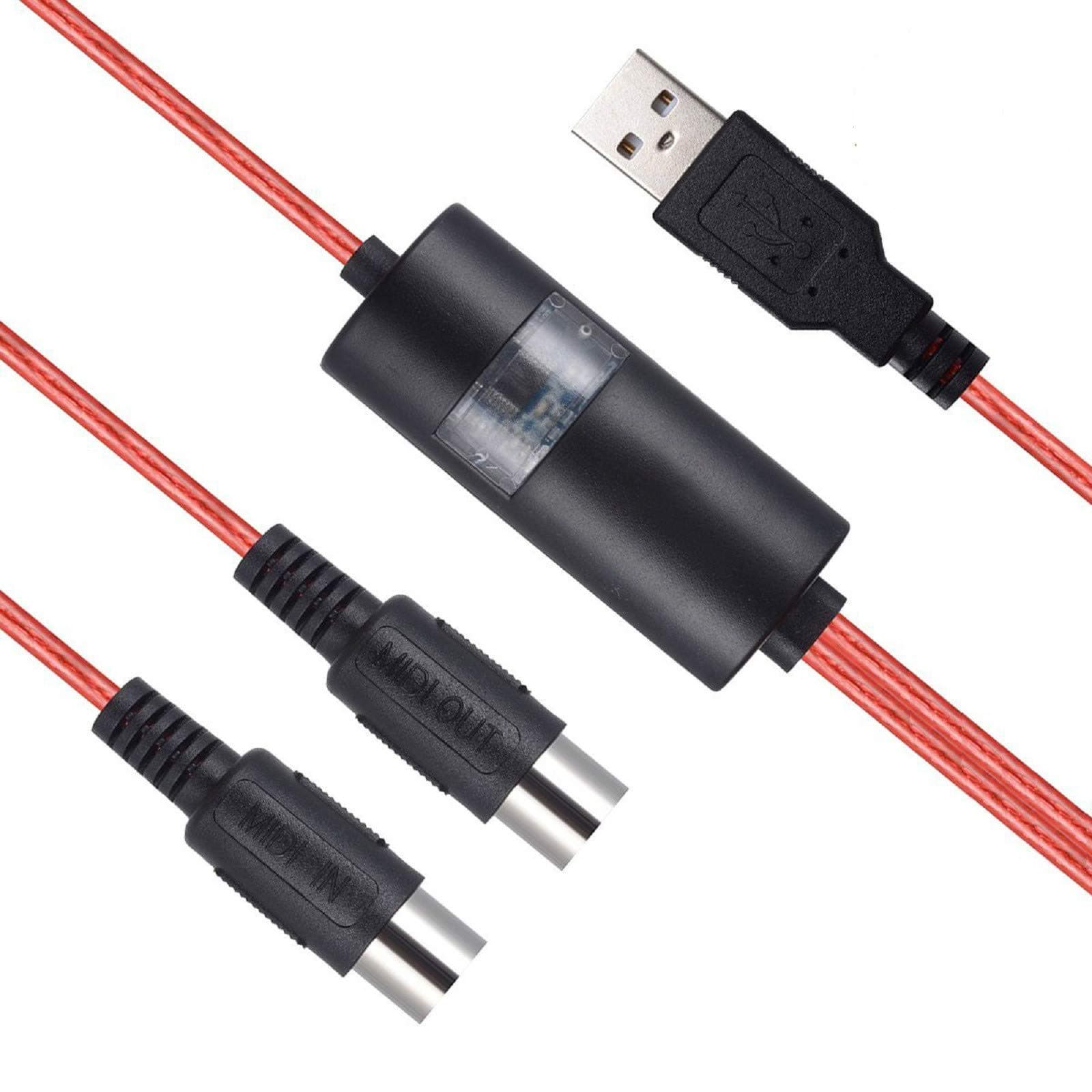 USB MIDI Cable Interface, Upgrade Professional MIDI to USB IN-OUT Cable Converter For PC/Mac/Laptop 2M(6.5FT)(RED)