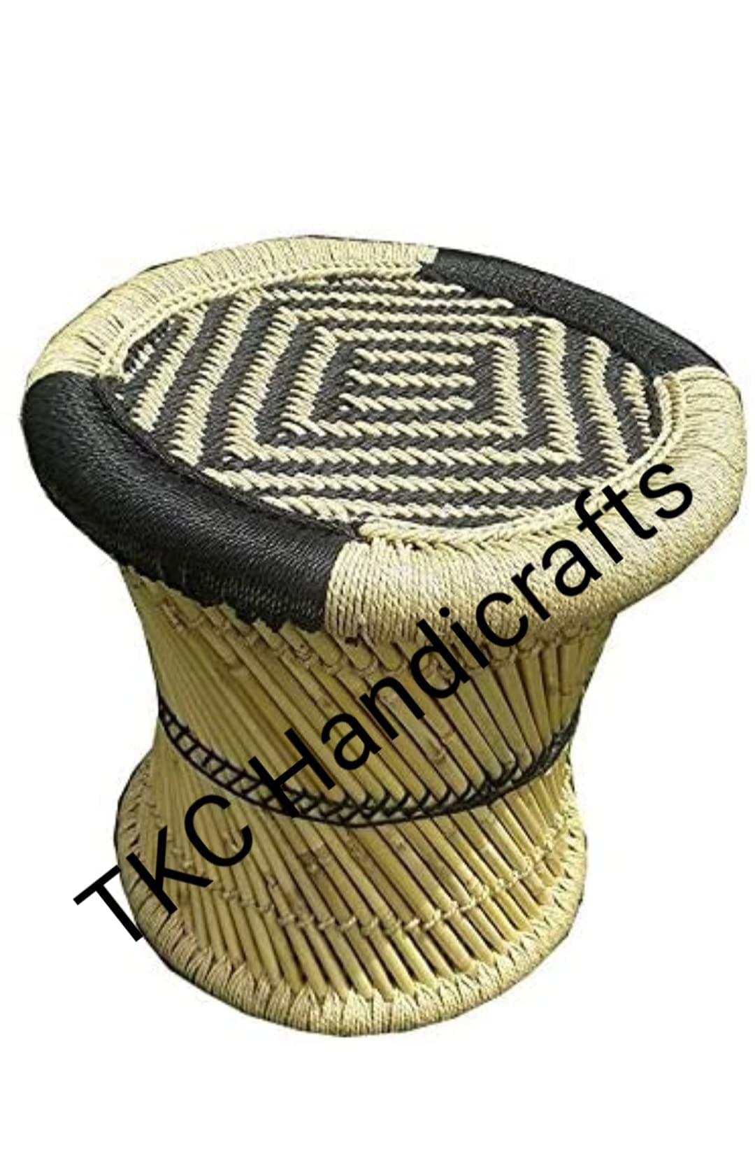 TKC handicrafts Eco-Friendly Natural Bamboo Cane Mudda Handmade muddi Garden Stool Indoor/Outdoor Furnishings Yellow and Black 16x15-inch