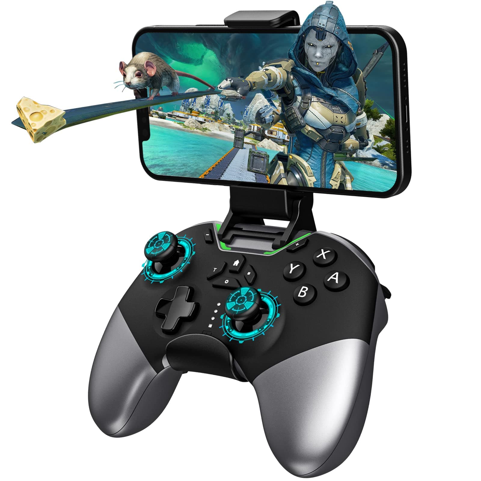 Bluetooth Controller for Switch/PC/iPhone/Android/Apple Arcade MFi Games/TV/Steam, Hall Effect Joysticks Wireless Game Controller Gamepad with/Phone Clip/Lock Speed/Macro/6-Axis Gyro/Dual Motors/Turbo