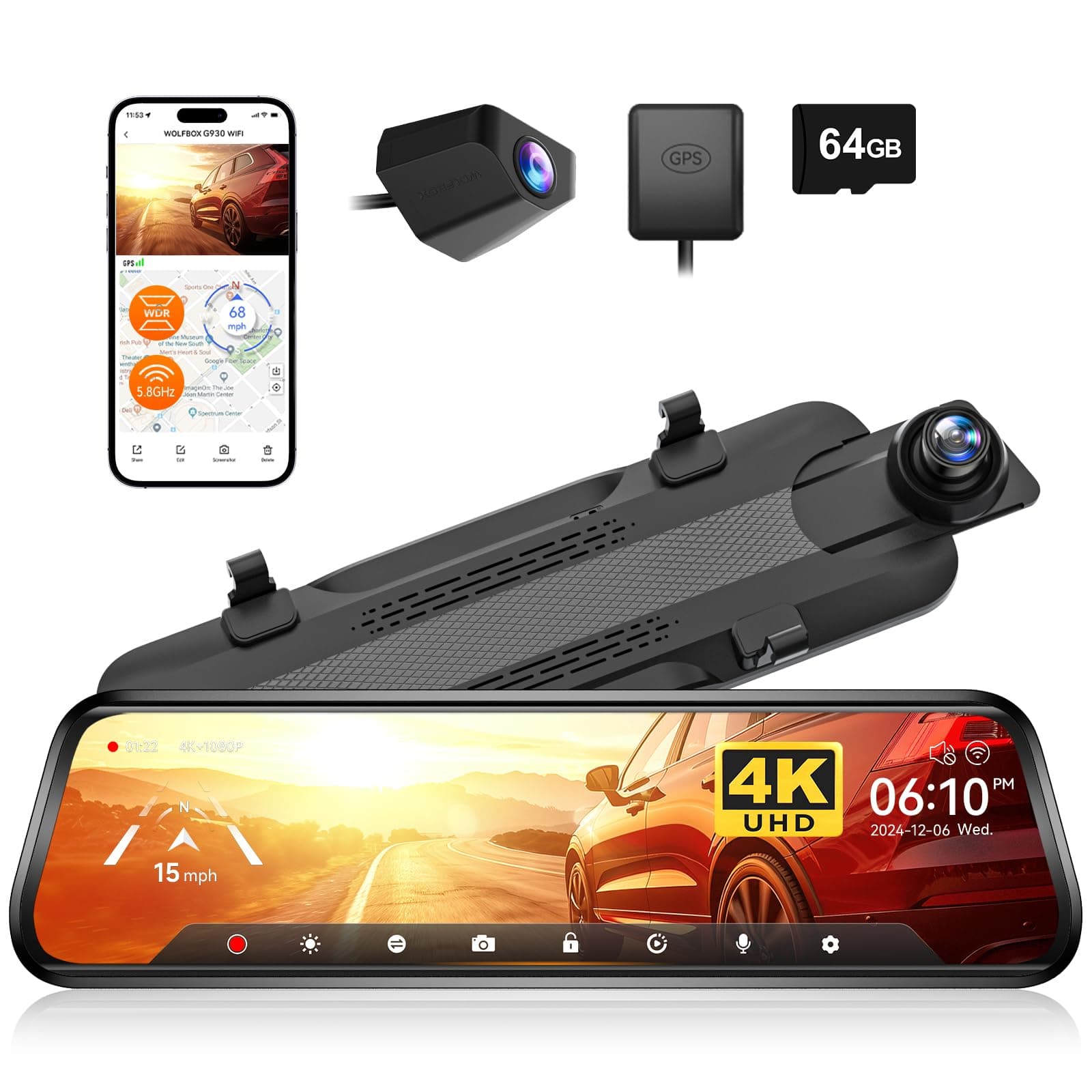 WOLFBOX G930 4K 10" Rear View Mirror Camera, Dash Cam Front and Rear for Car with 32GB Card, Touch Screen Smart Rear View Mirror Backup Camera, Parking Monitor, Reverse Assist, GPS, Support 256GB Max