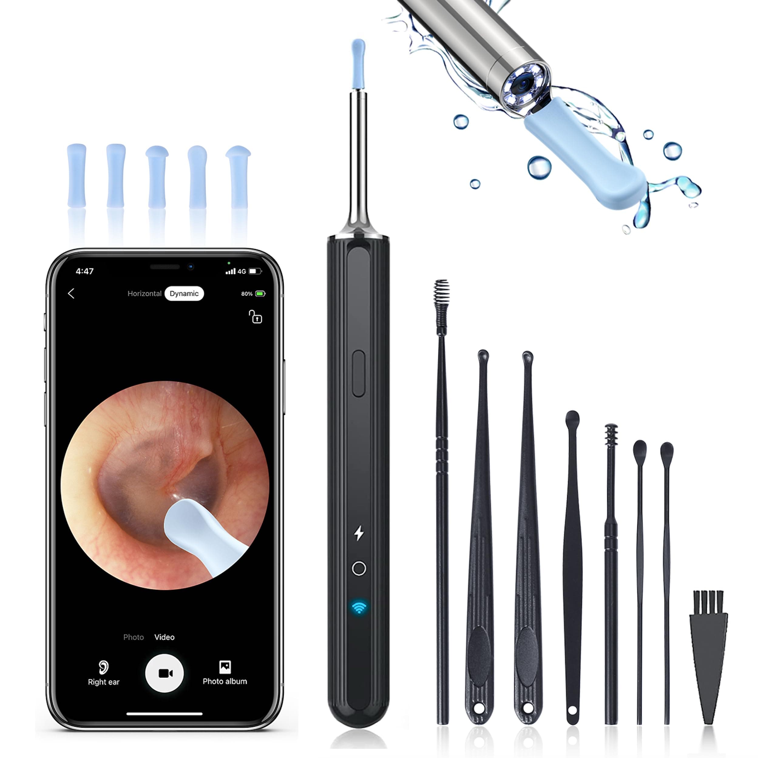 Wireless Ear Wax Removal Camera - Ear Wax Removal Tool Camera - Ear Wax Removal Kit with Ear Pick - Ear Cleaner with 1080P Camera for iOS & Android (Dark Black)