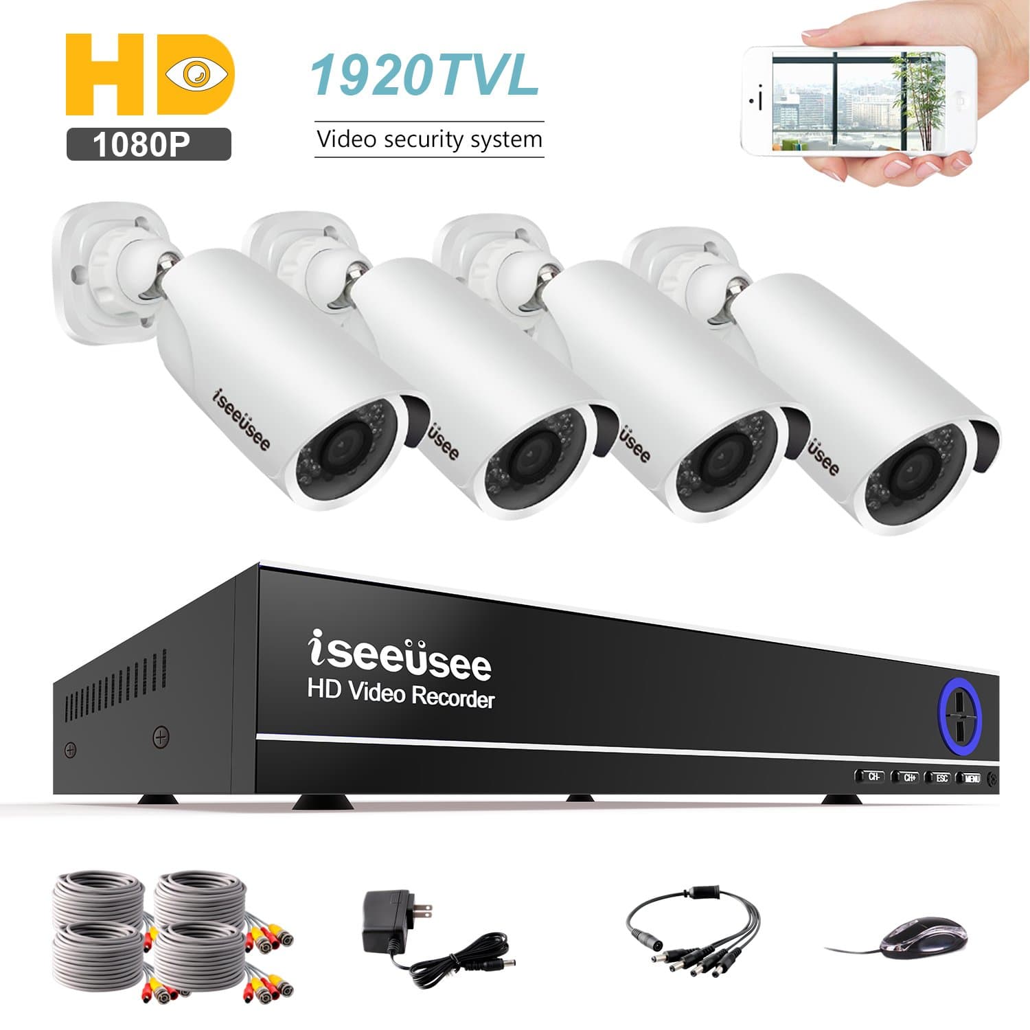 1080N 4CH Security Camera System, AHD DVR Video Surveillance Kit with (4) HD 2.0MP 1980TVL 1080P Waterproof Bullet CCTV Cameras, 100ft Night Vision, NO Hard Drive