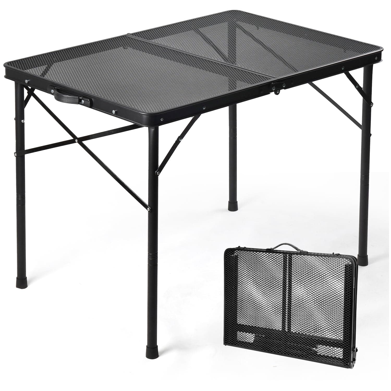 3 ft Folding Table with Adjustable Height (16.5" & 26"), Black Metal Mesh Table with Carry Handle, Portable for Camping, Tailgating, BBQ, Picnic & Indoor, Fits 3–6 People, 7.5 lb, Supports 66 lb