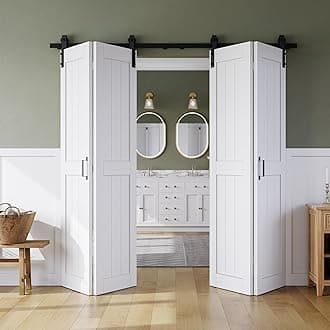 - Bifold Barn Door 80" x 84", MDF Bi-Fold Sliding Closet Doors with Hardware Kit Included, Pre-Finished Easy Assembly, Water-Proof PVC Surface & Save Space, H-Frame, 88" Track for 4 Doors,White