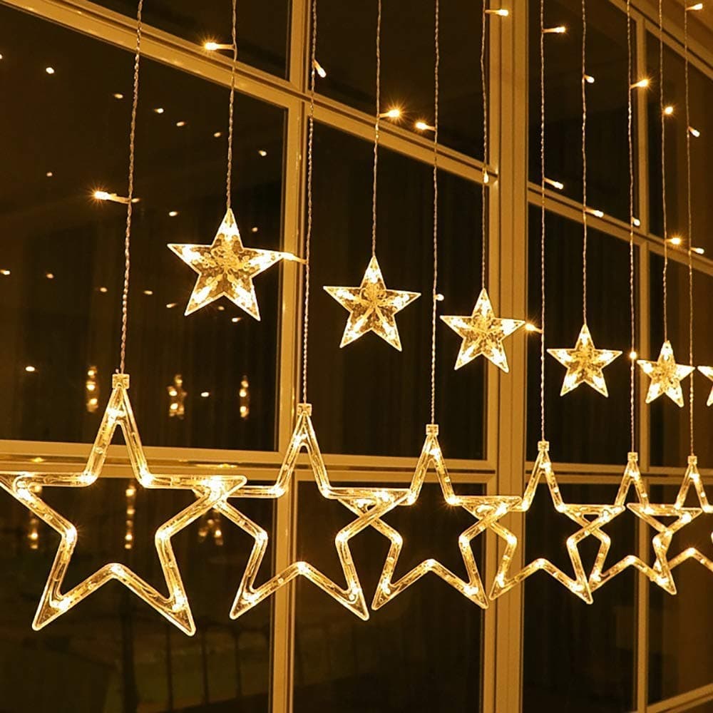 Star Lights String, Fairy String Lights LED Star Strips 6.6foot Warm White 12 Stars 138 LED 8 Modes Curtain Lights Stars Shaped for Wedding Party Holiday Indoor Outdoor Decoration