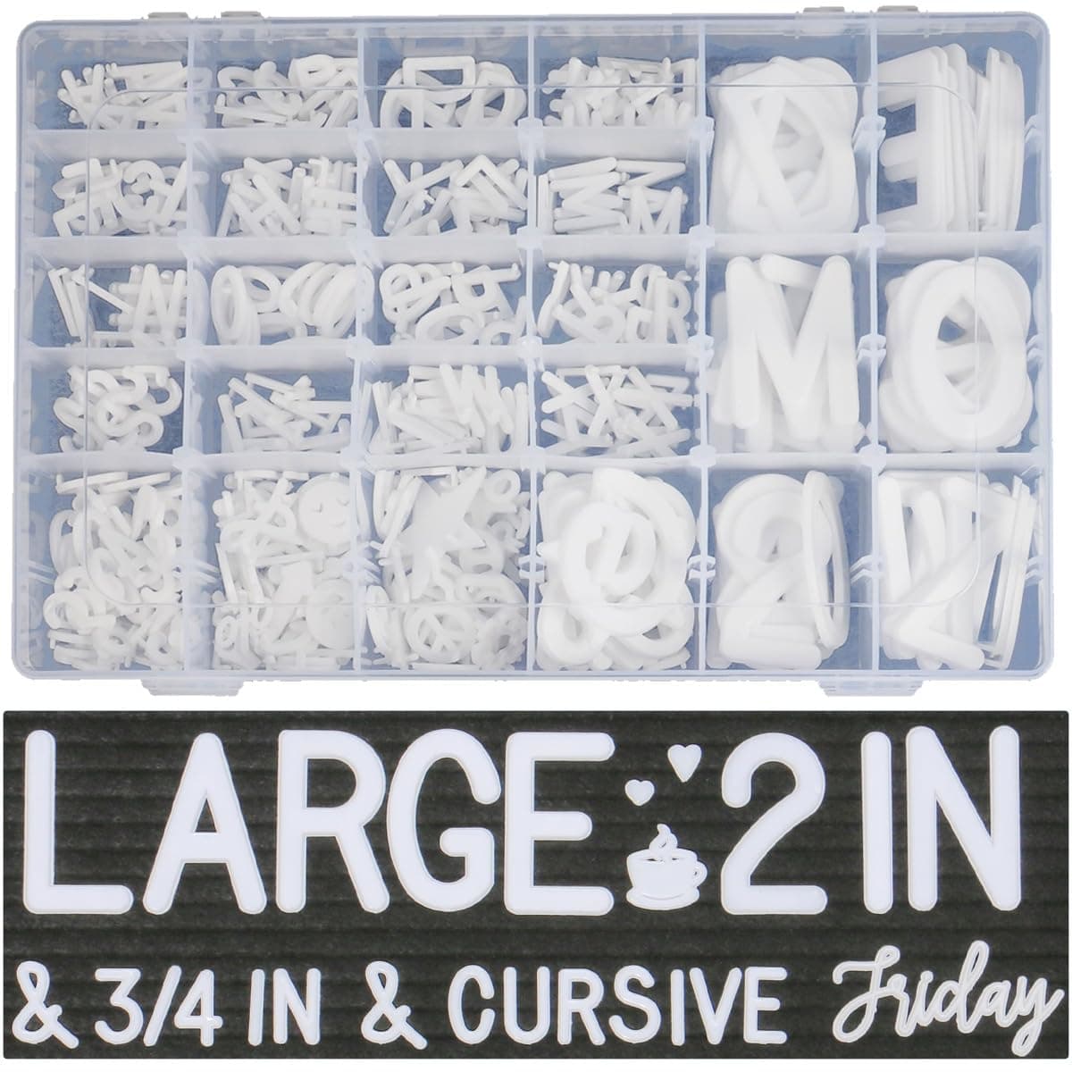 559 Extra White Letters With Organizer for Changeable Felt Board (3/4 Inch and 2 Inch) + 11 Cursive Words + 12 Months + 7 Days + Pre-Cut Plastic Letters