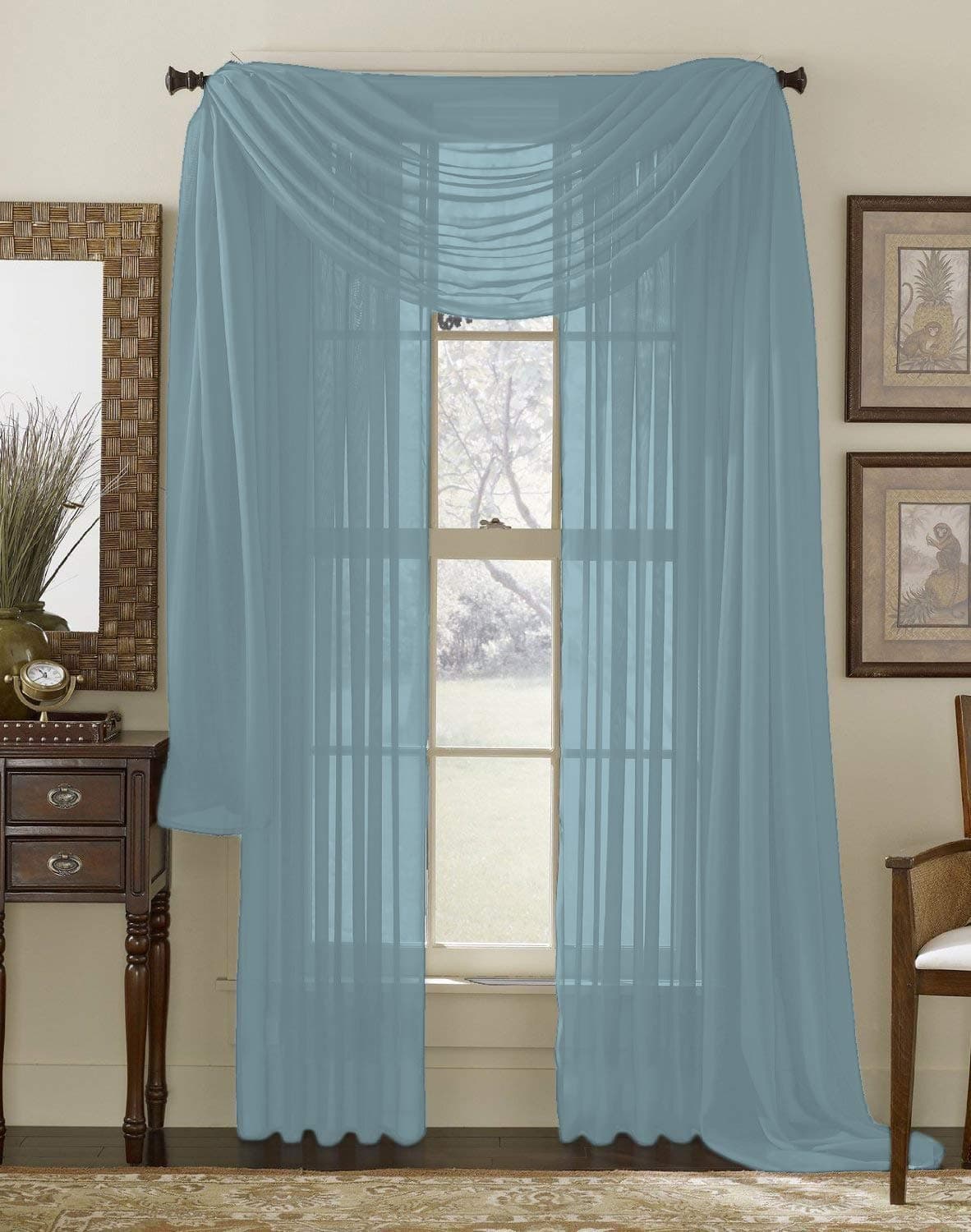 Interior Trends 3 Piece Fully Stitched Sheer Curtain Panel Window Drapes and Scarf Set of 2 Panels and 1 Matching Scarf (95" Long, Slate Blue)