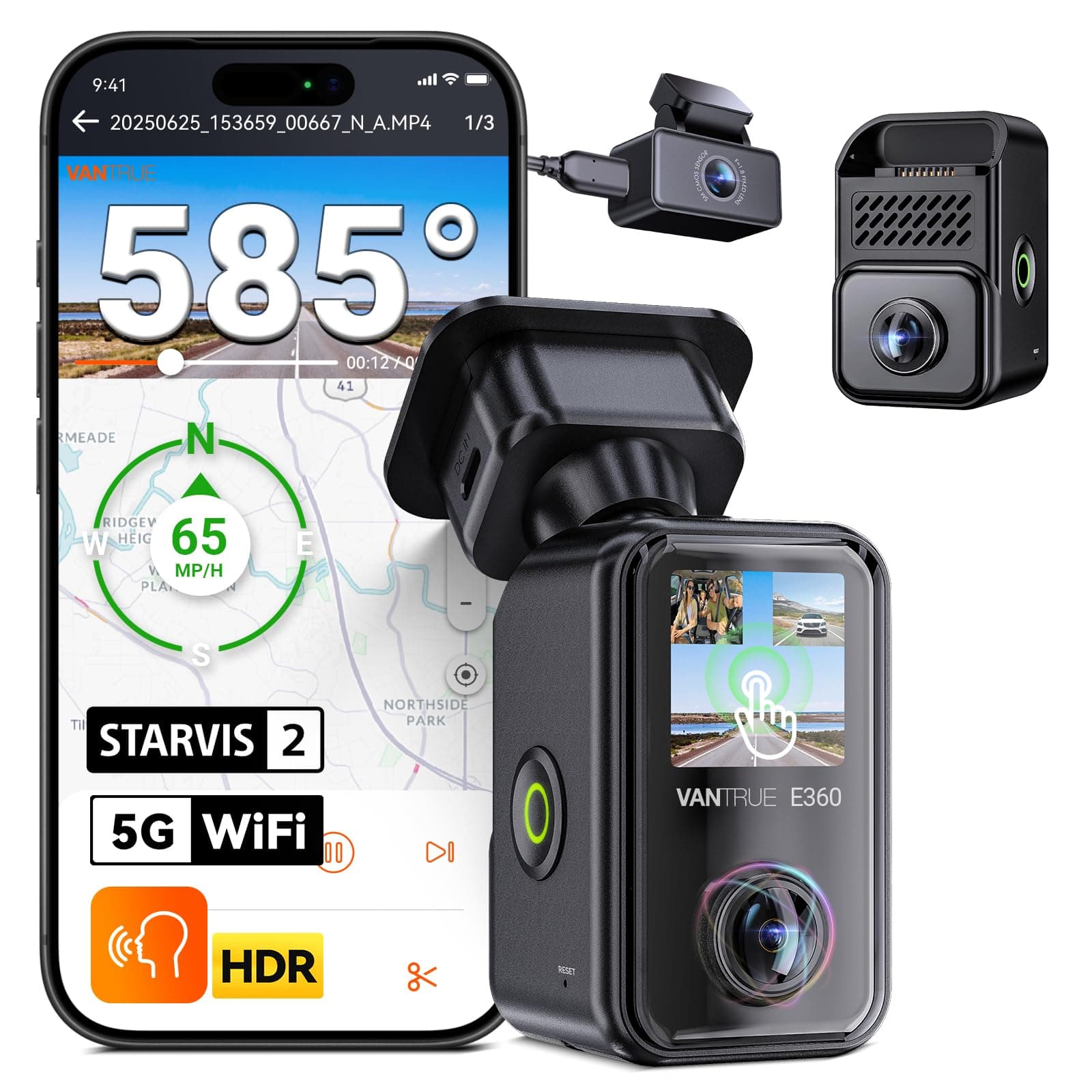 E360 Plus All Channel Dash Cam, 585°, Dual STARVIS 2, Fisheye Front + Fisheye Inside + Rear Dash Camera, Dual IR Night Vision, GPS, WiFi, Touchscreen, Parking Mode, Voice Control, Support 1TB