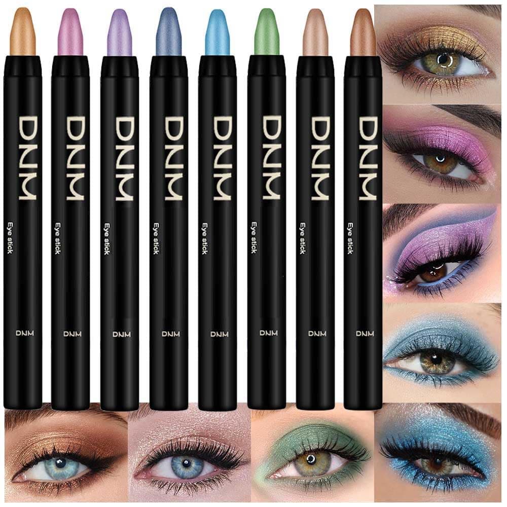 8Pcs Cream Eyeshadow Stick Set, Desert Mocha Beige Gold Light Purple Pink Sky Dazzling Blue Geen, Shimmer Eyeliner Pencil Eye Shadow Sticks Palette Makeup for Older Women, sombras para ojos 02