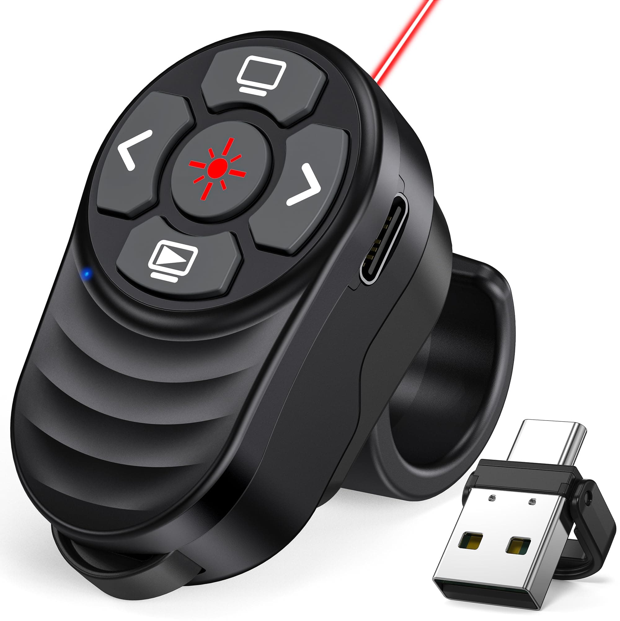 Rechargeable Usb Type C Wireless Presentation Clicker, Finger Ring Clicker Powerpoint With Red Light & Volume Control, Presenter Remote Pointer For Slide Mac Computer Pc Laptop
