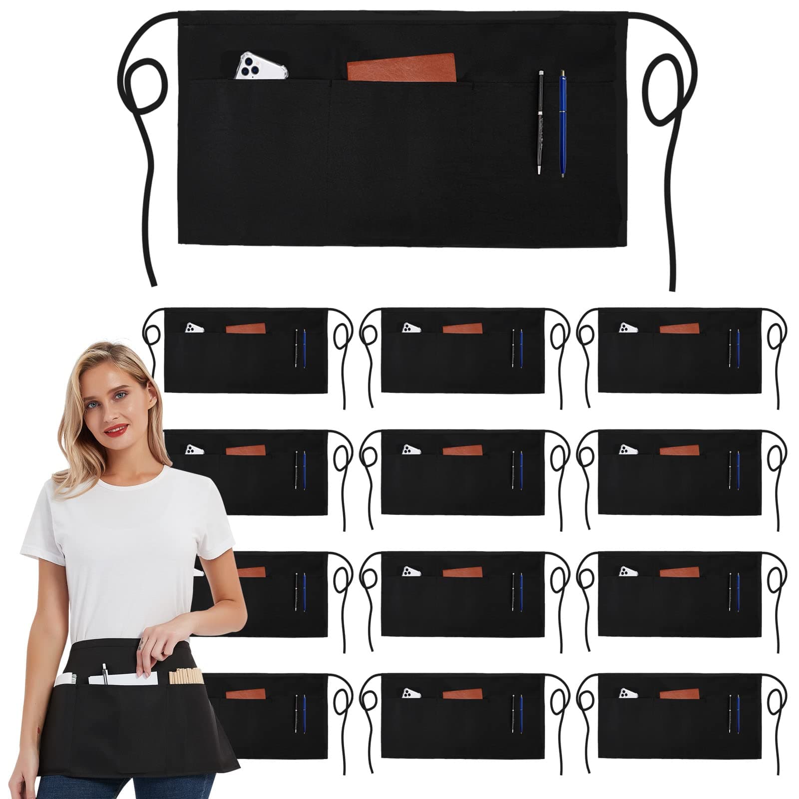 DUSKCOVE 12 Pack Server Aprons with 3 Pockets - Waitress Half Aprons for Women Men Water Resistant with Long Waist Strap