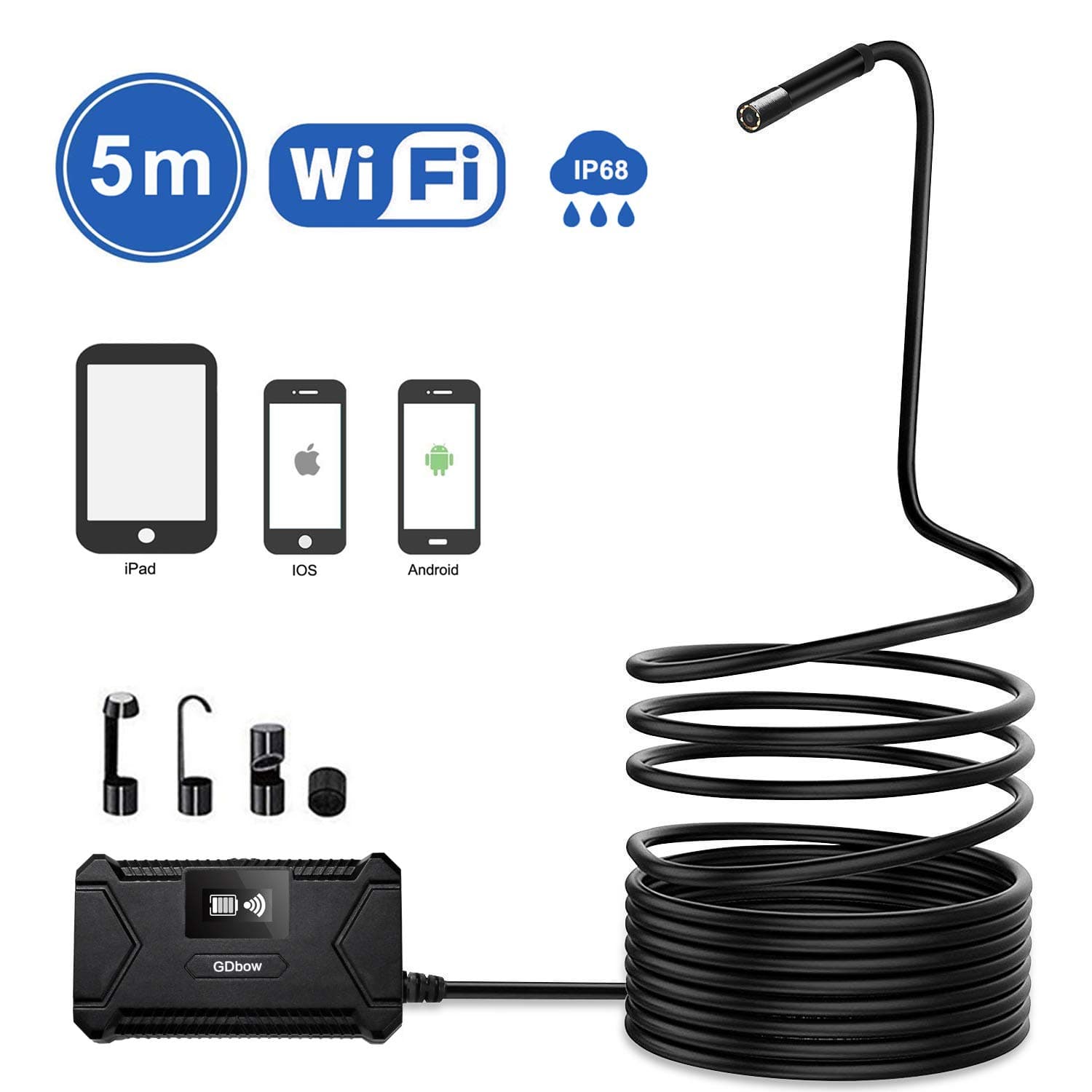 Endoscope, WiFi Borescope, WiFi Inspection Camera, with Long View Range, from 4cm to 5 Meters 1080P HD Wireless Endoscope, 2 MP and 8mm Waterproof Lens for iOS and Android -16.5ft