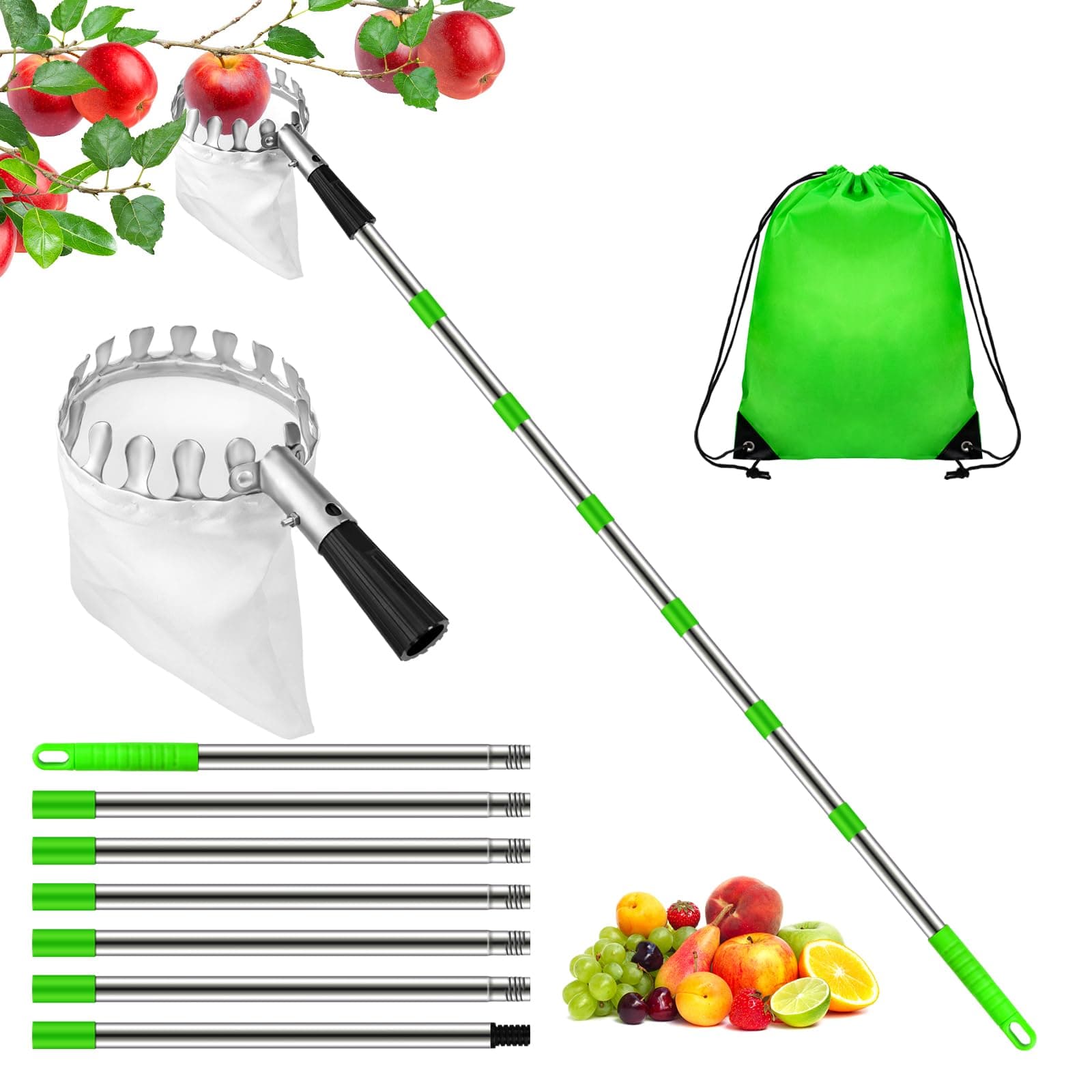 HysagtekFruit Picker Apple Picker with Telescopic Handle Fruit Picker Tool 2.8 Meter Long Fruit Picker Tool with Telescopic Pole and Storage Bag Fruit Grabber for Cherry Berry Orange Lemon Pear