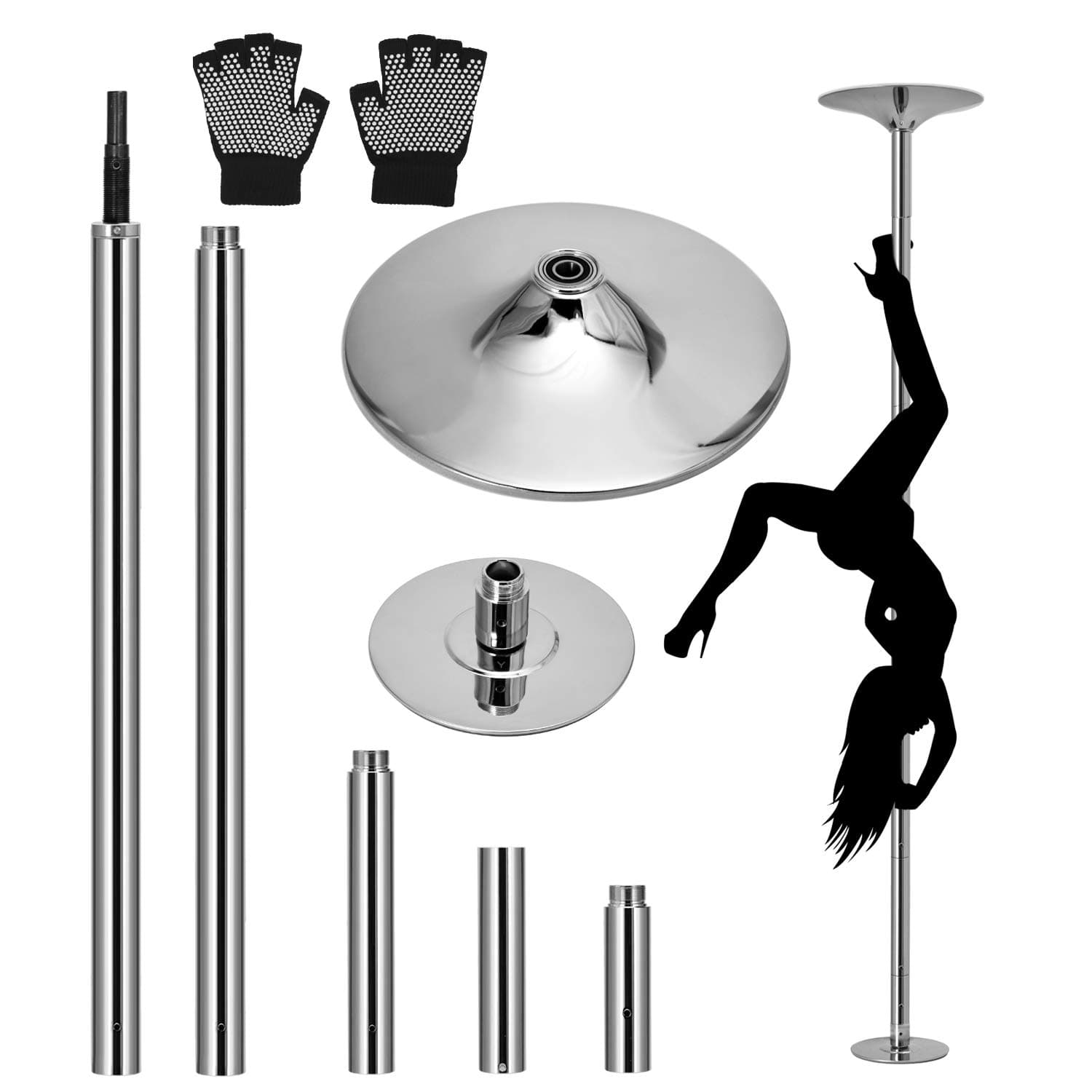 OFCOSO Silver Stripper Pole Portable Dancing Pole 45mm Spinning&Static Dance Pole with Adjustable Height for Exercise Club Party Pub Home Gym