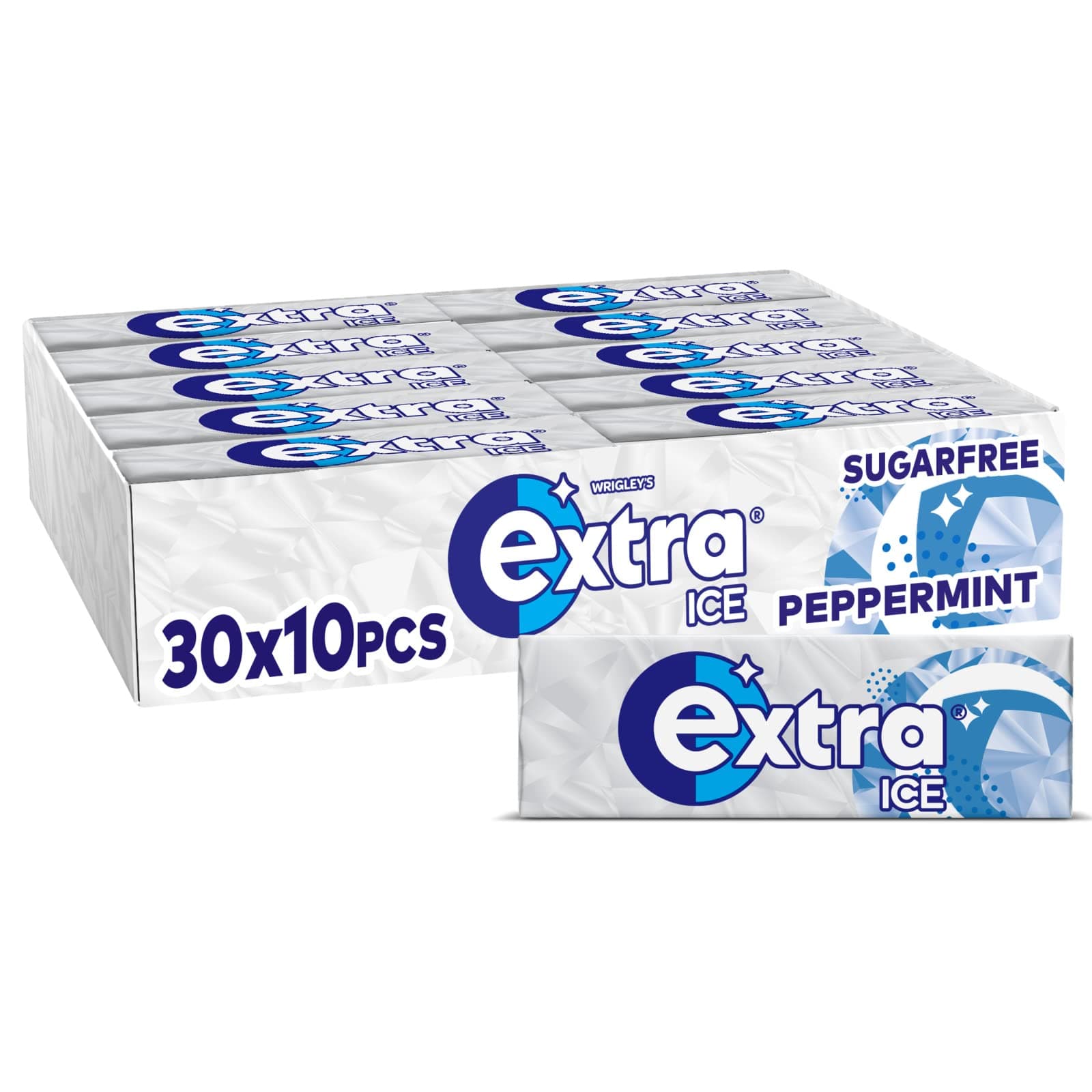 Wrigley's Extra Ice Chewing Gum, Ice Peppermint Flavour with Microgranules, 30 Packs of 10 Pieces, Sugar Free Bulk Pack Gum with Xylitol (300 pieces).