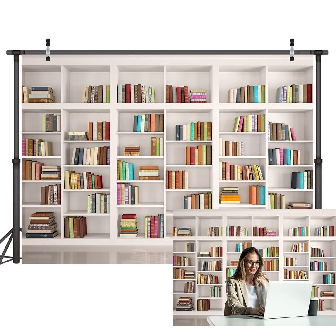 LYWYGG 7X5FT Bookshelf Backdrop Bookcase Backdrops Library Backdrop Office Backdrop for Video Conference Vintage Party Background Books CP-259