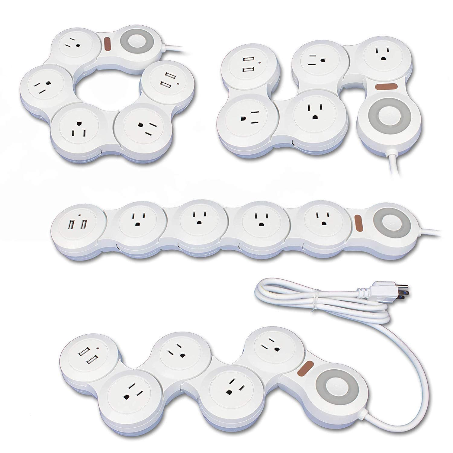 Deformation Power Cord Charger Socket -Flat Plug Power Strip with 2 USB Ports and 4 Multi Outlets, with 6.5FT Extension Cord