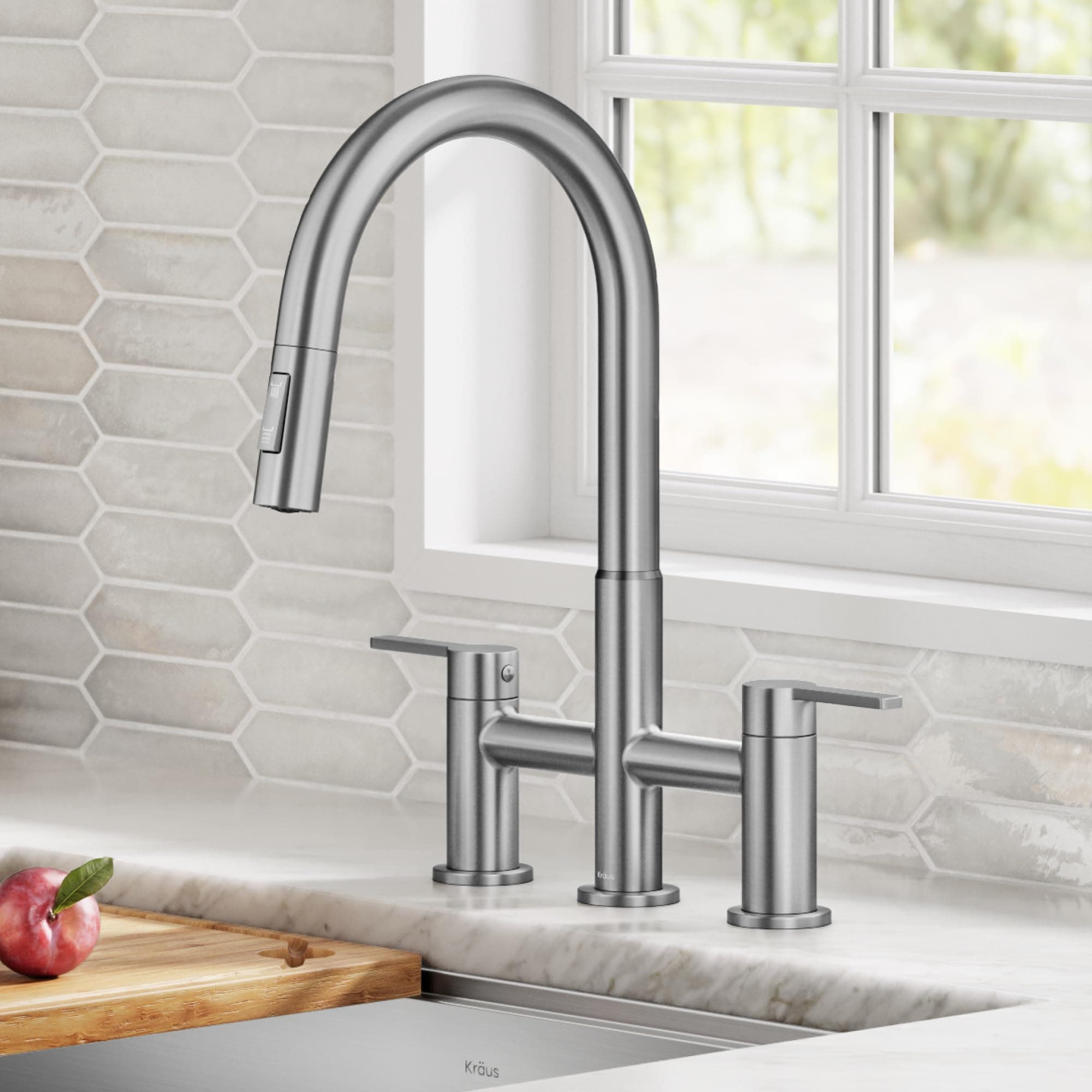 Oletto Bridge Kitchen Faucet with Pull-Down Sprayhead in Spot-Free Stainless Steel, KPF-3122SFS