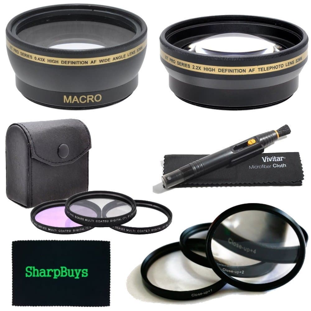 67mm Multi Coated 3 Piece Digital Filter Kit (UV-CPL-FLD) + Close-Up Macro Filter Set +1 +2 +4 +10 + 0.43x Professional HD Auto Focus Wide Angle Lens with Macro & Pro Series 2.2x High Definition AF Telephoto Lens + Lens Cleaning Pen + Sharpbuys Microfiber Cloth