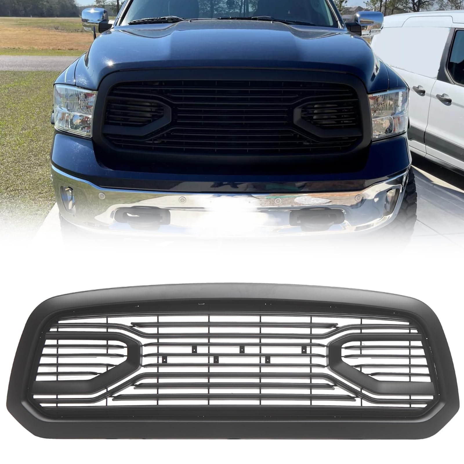 Replacement Front Grille Compatible with 2013-2018 Ram 1500 & 2019-2023 Ram 1500 CLASSIC Models, Big Horn Style Grill Horizontal ABS Front Grille with Letters, Matte Black