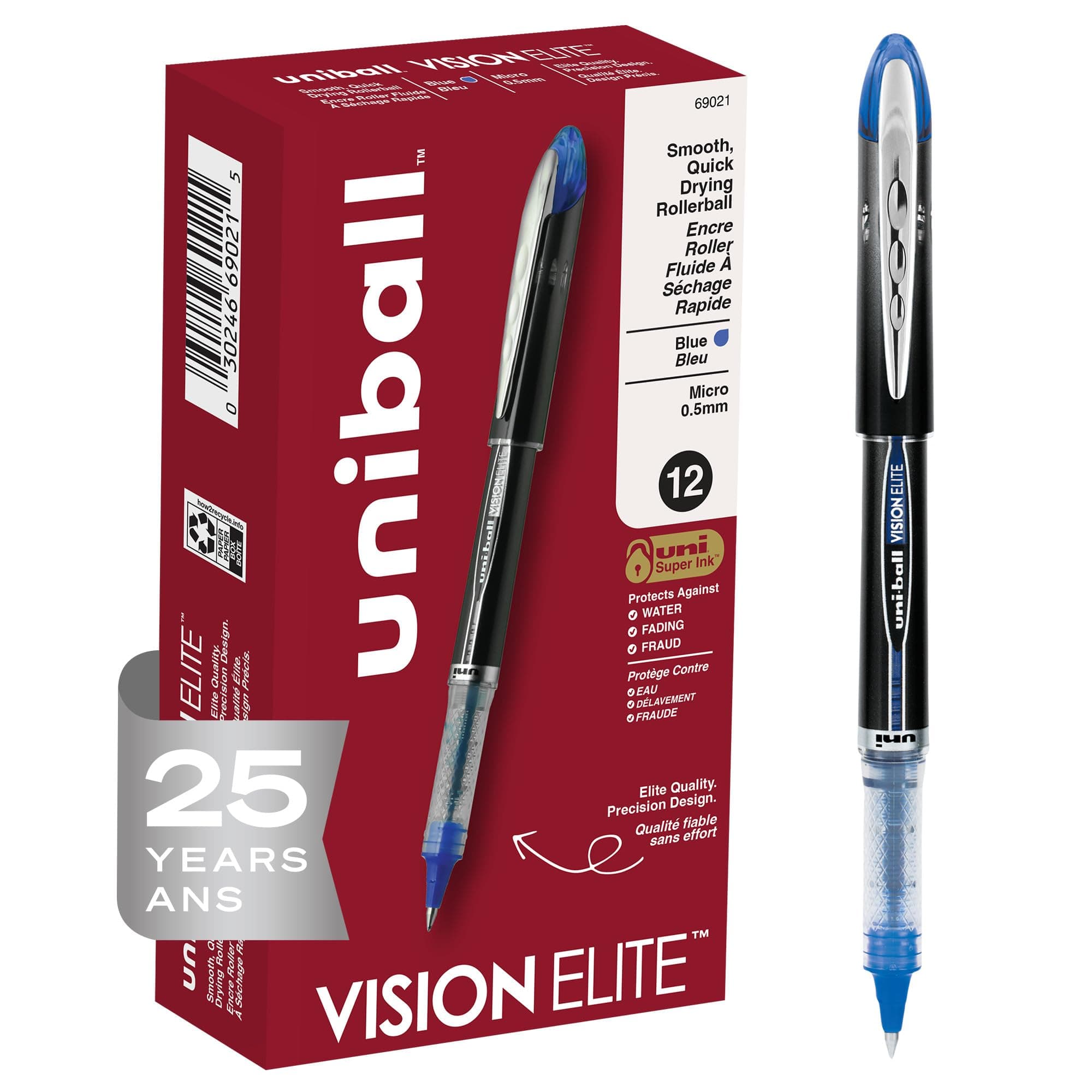 uni-ball Vision Elite Rollerball Pens Fine Point Micro Tip, 0.5mm, Blue, 12 Pack