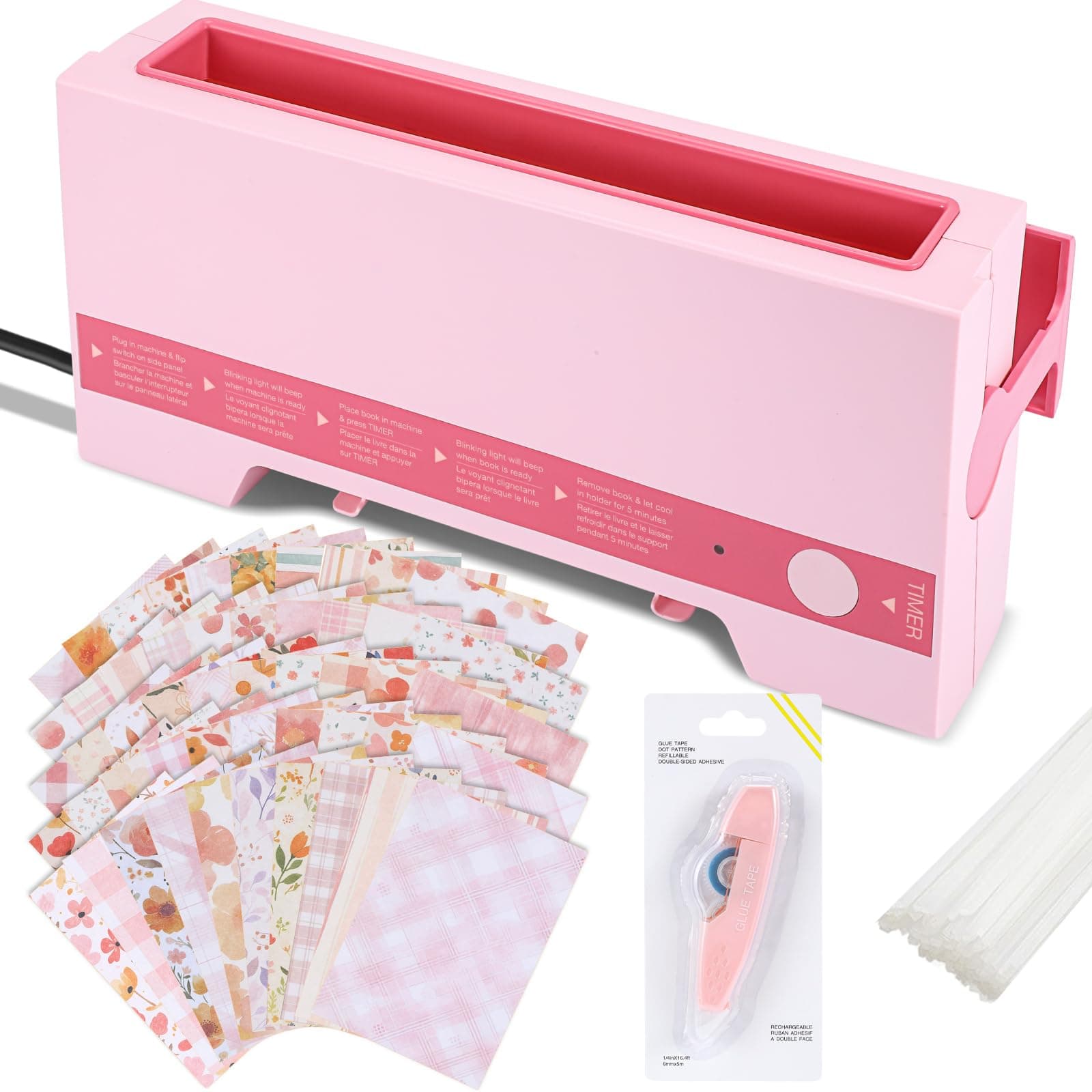 Thermal Binding Machine Kit Includes 110v Cinch Binding Machine Double Sided Tape Dots 20 Glue Strips 50 Scrapbook Paper for DIY Journals Notebooks Photo Books Documents(Pink,Vivid)